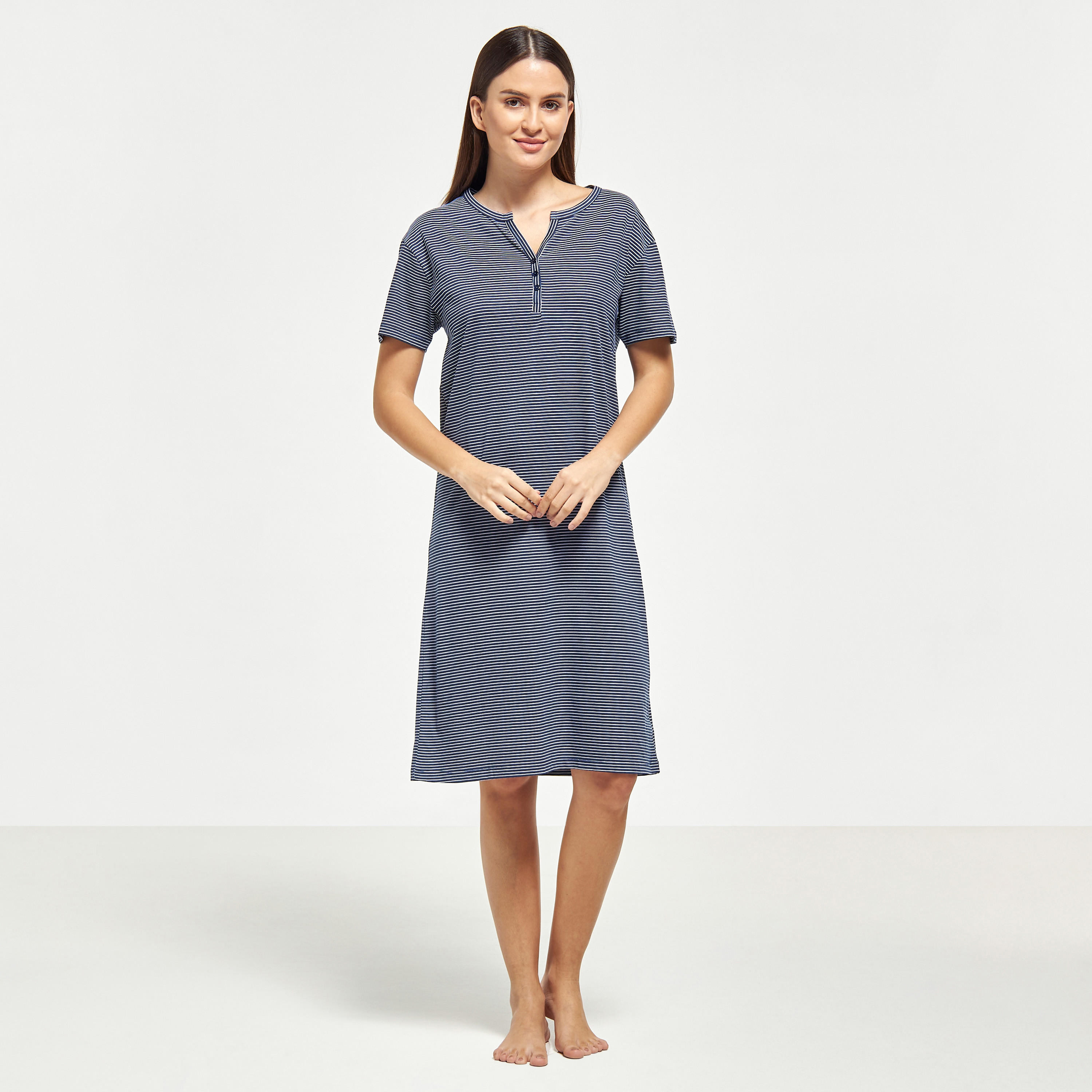 Striped Sleepshirt with Short Sleeves and Button Closure-women-clothing-nightwear-nighties-image-1