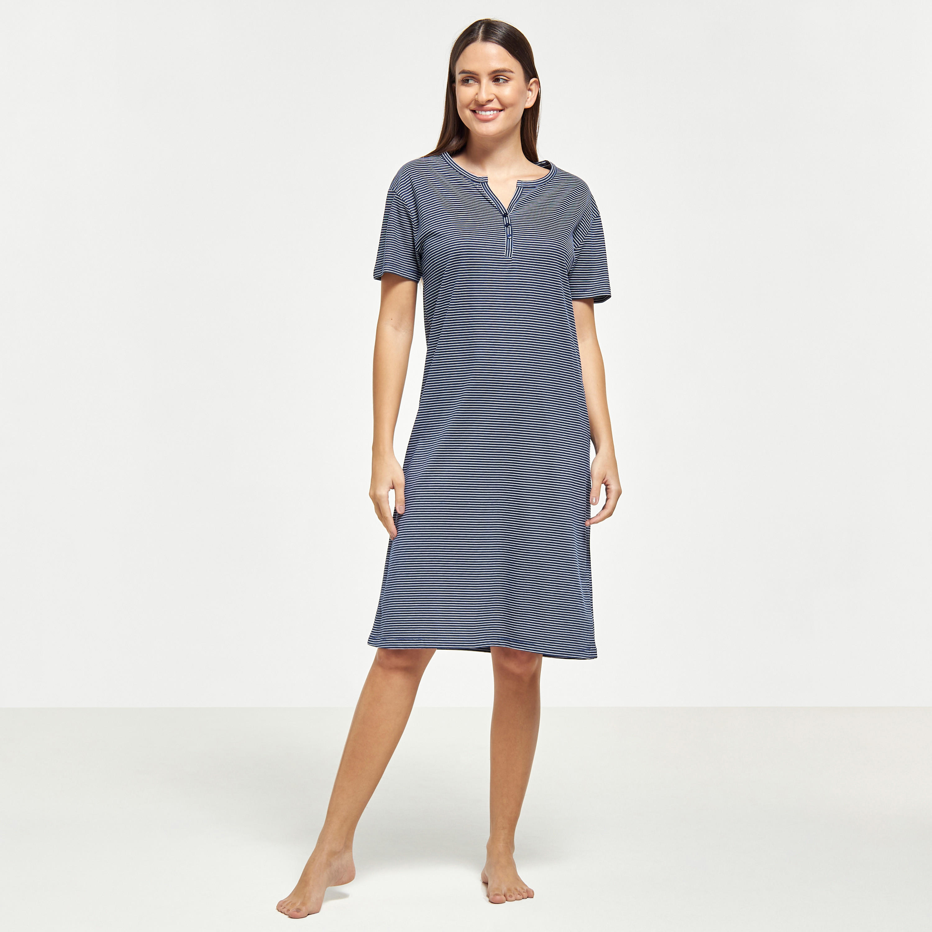 Striped Sleepshirt with Short Sleeves and Button Closure-women-clothing-nightwear-nighties-image-2