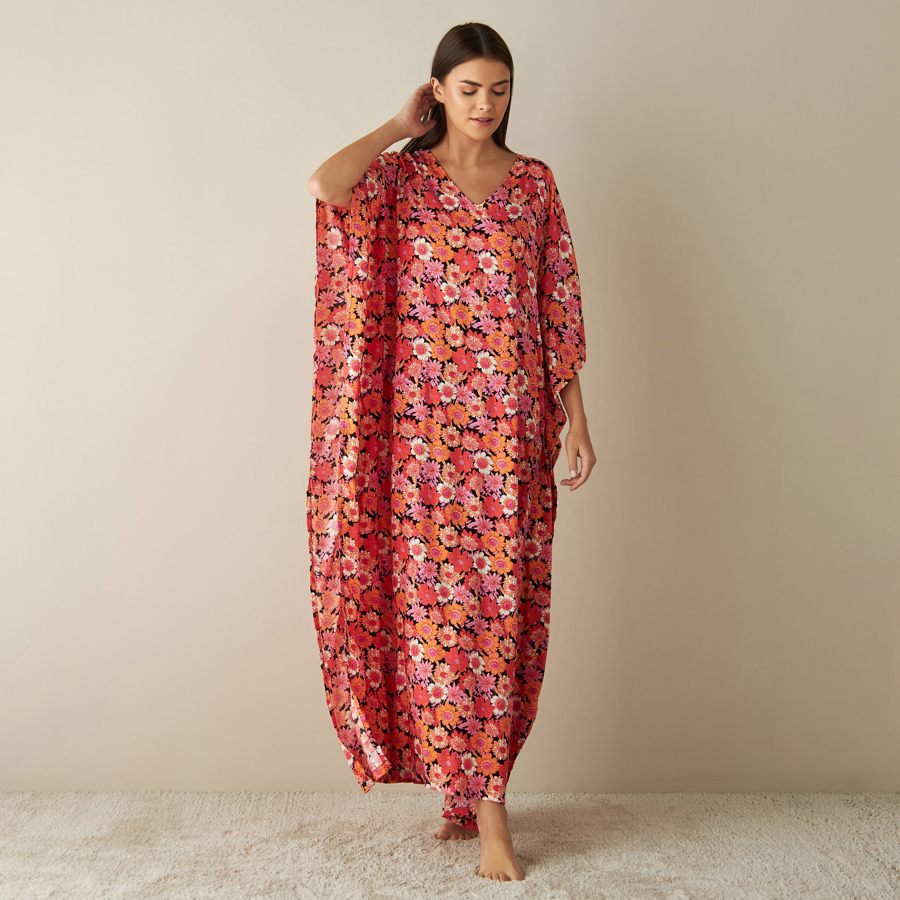 All-Over Floral Print Kaftan Night Gown with V-neck-women-clothing-nightwear-nighties-image-1
