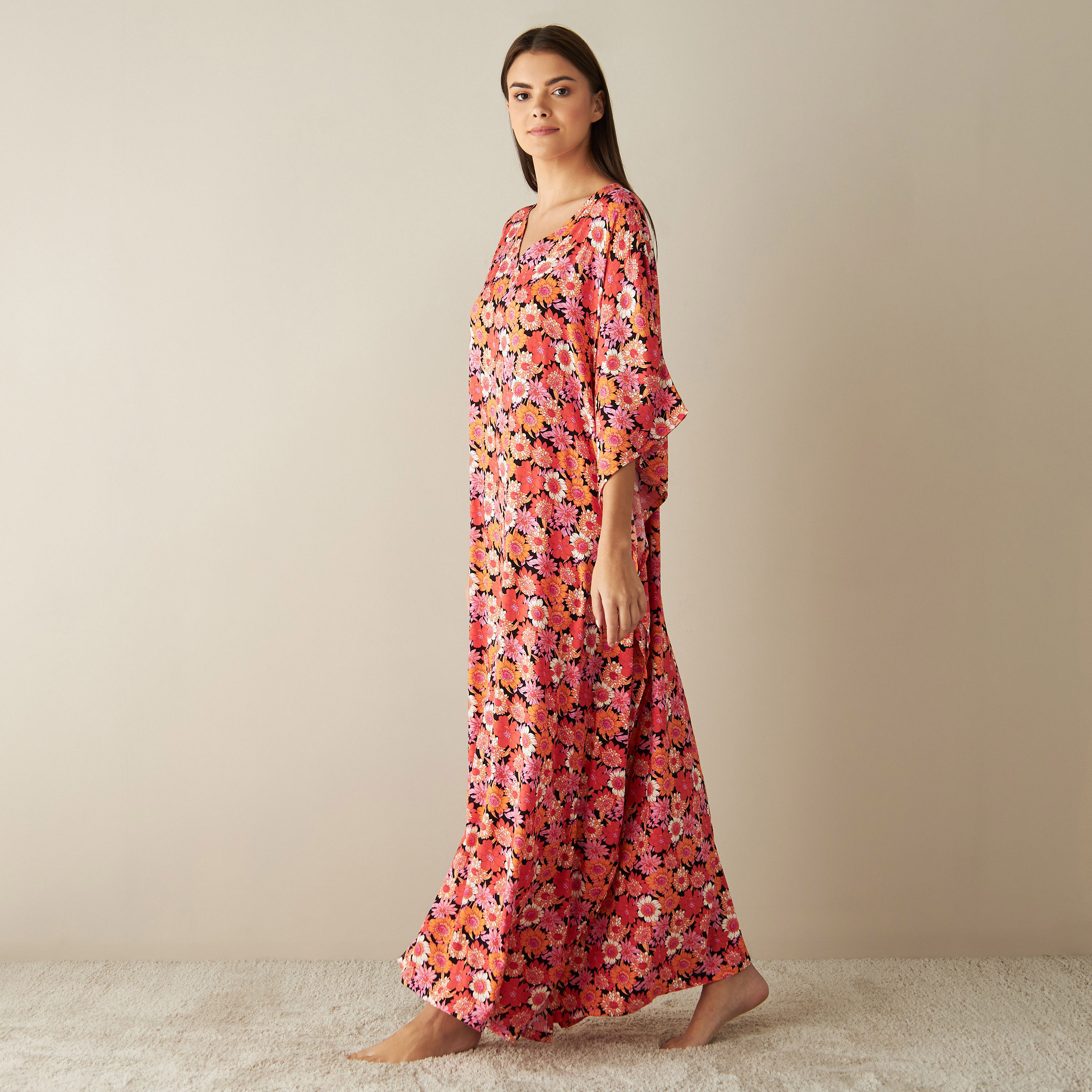 All-Over Floral Print Kaftan Night Gown with V-neck-women-clothing-nightwear-nighties-image-2