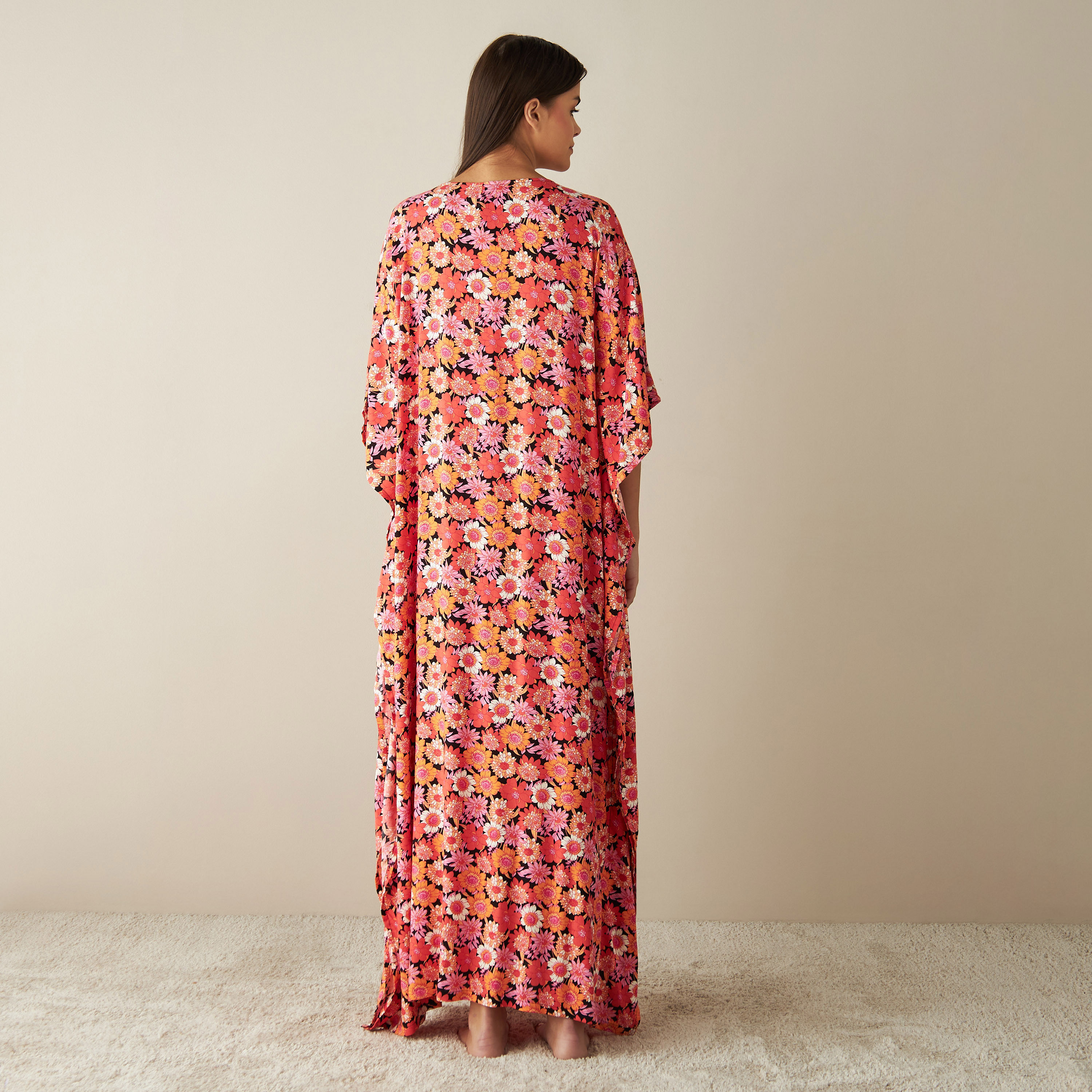 All-Over Floral Print Kaftan Night Gown with V-neck-women-clothing-nightwear-nighties-image-3