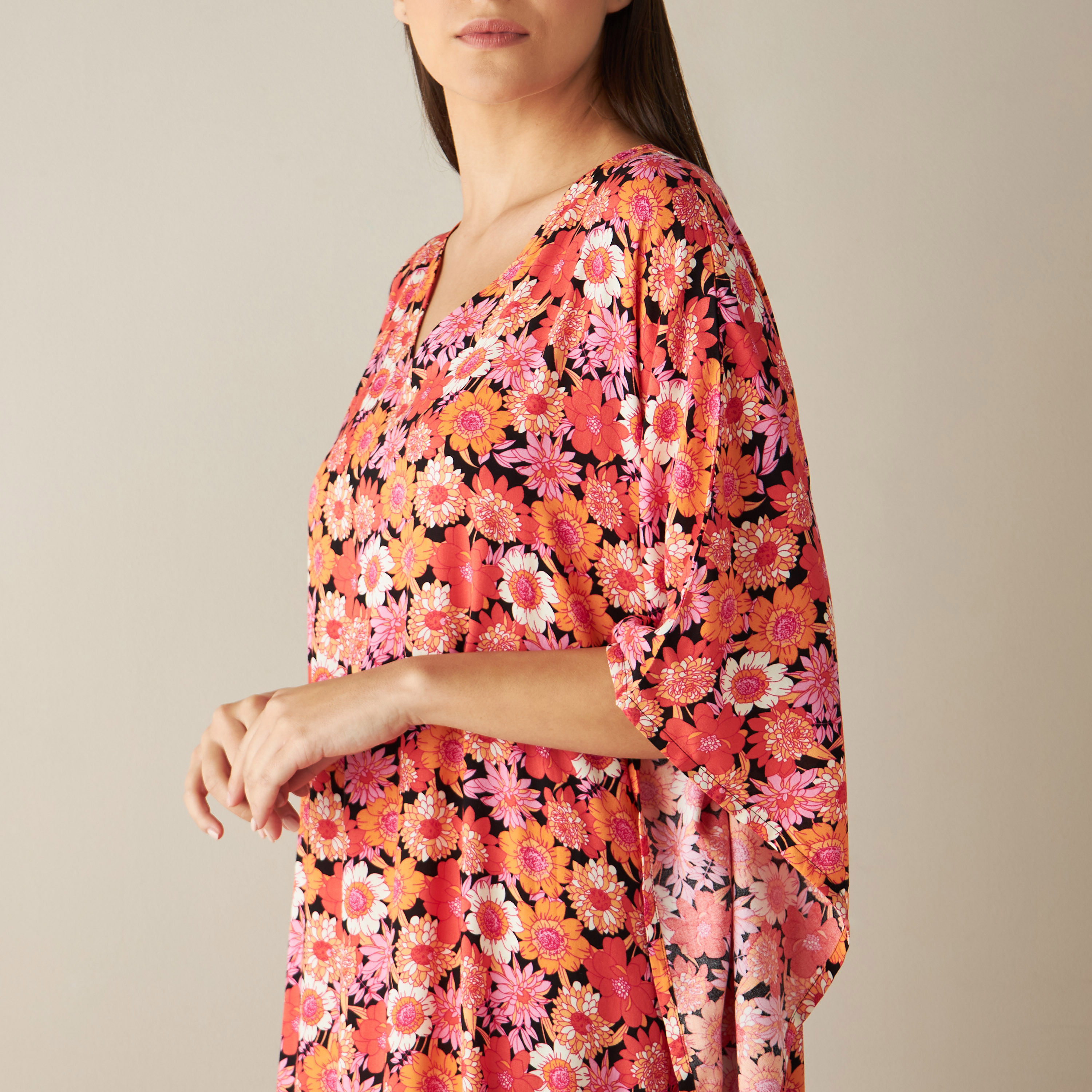 All-Over Floral Print Kaftan Night Gown with V-neck-women-clothing-nightwear-nighties-image-4