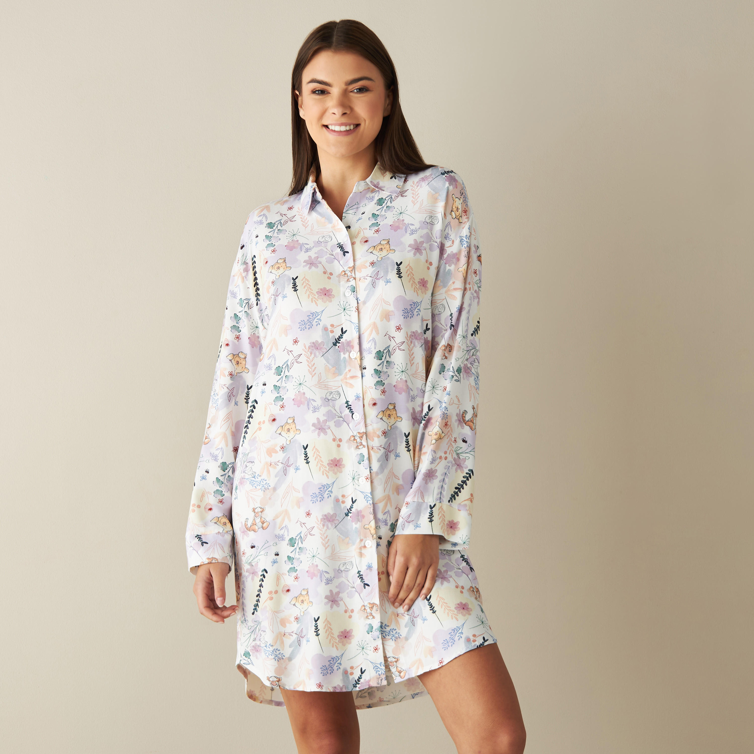 قميص نوم بياقة عادية وأزرار للإغلاق وطبعات زهور-women-clothing-nightwear-nighties-image-2