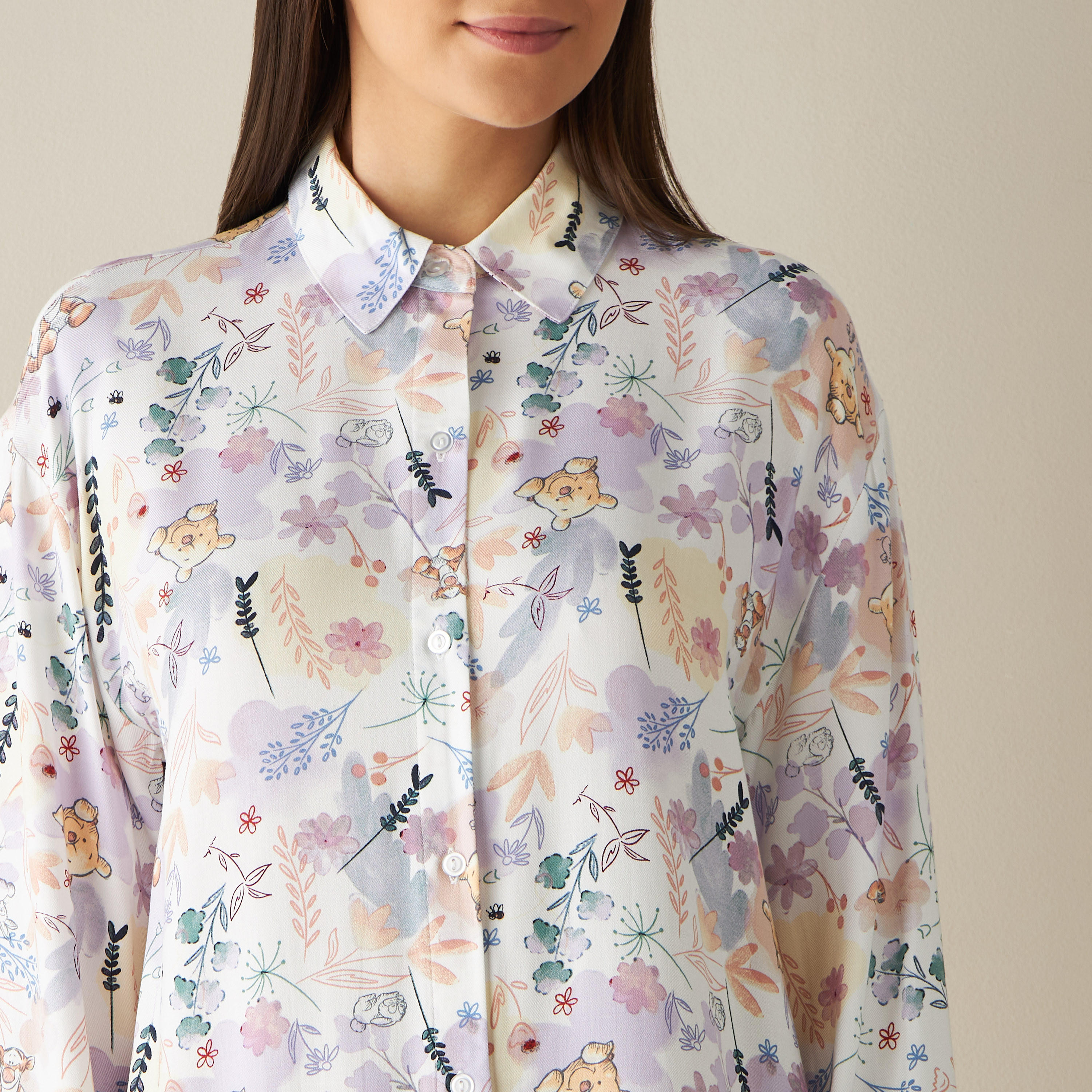قميص نوم بياقة عادية وأزرار للإغلاق وطبعات زهور-women-clothing-nightwear-nighties-image-4
