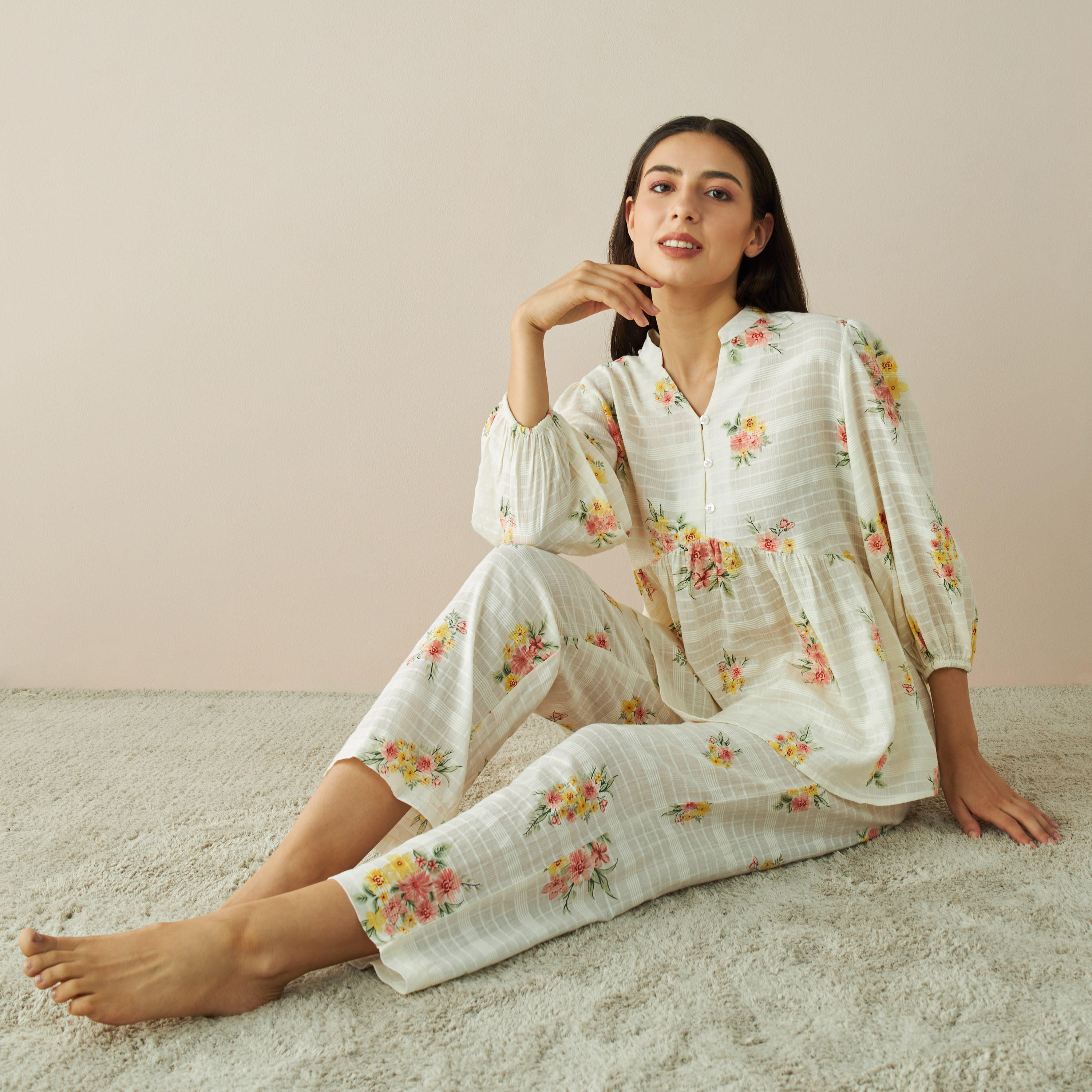 All-Over Floral Print A-line Top and Pyjama Set-women-clothing-nightwear-pyjamas-longsets-image-1