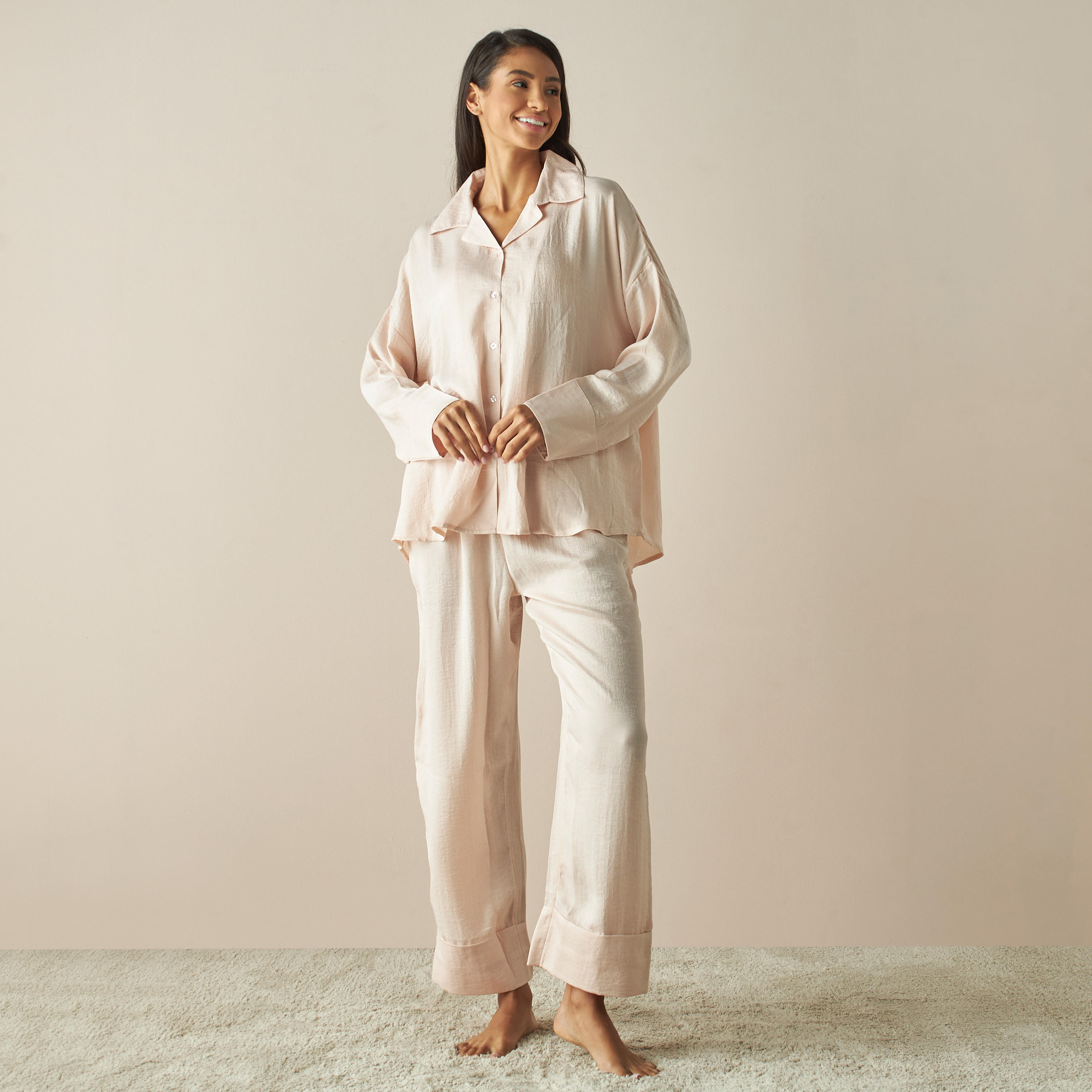 طقم بيجاما وقميص بارز الملمس مقاس واسع بأكمام طويلة-women-clothing-nightwear-pyjamas-longsets-image-1