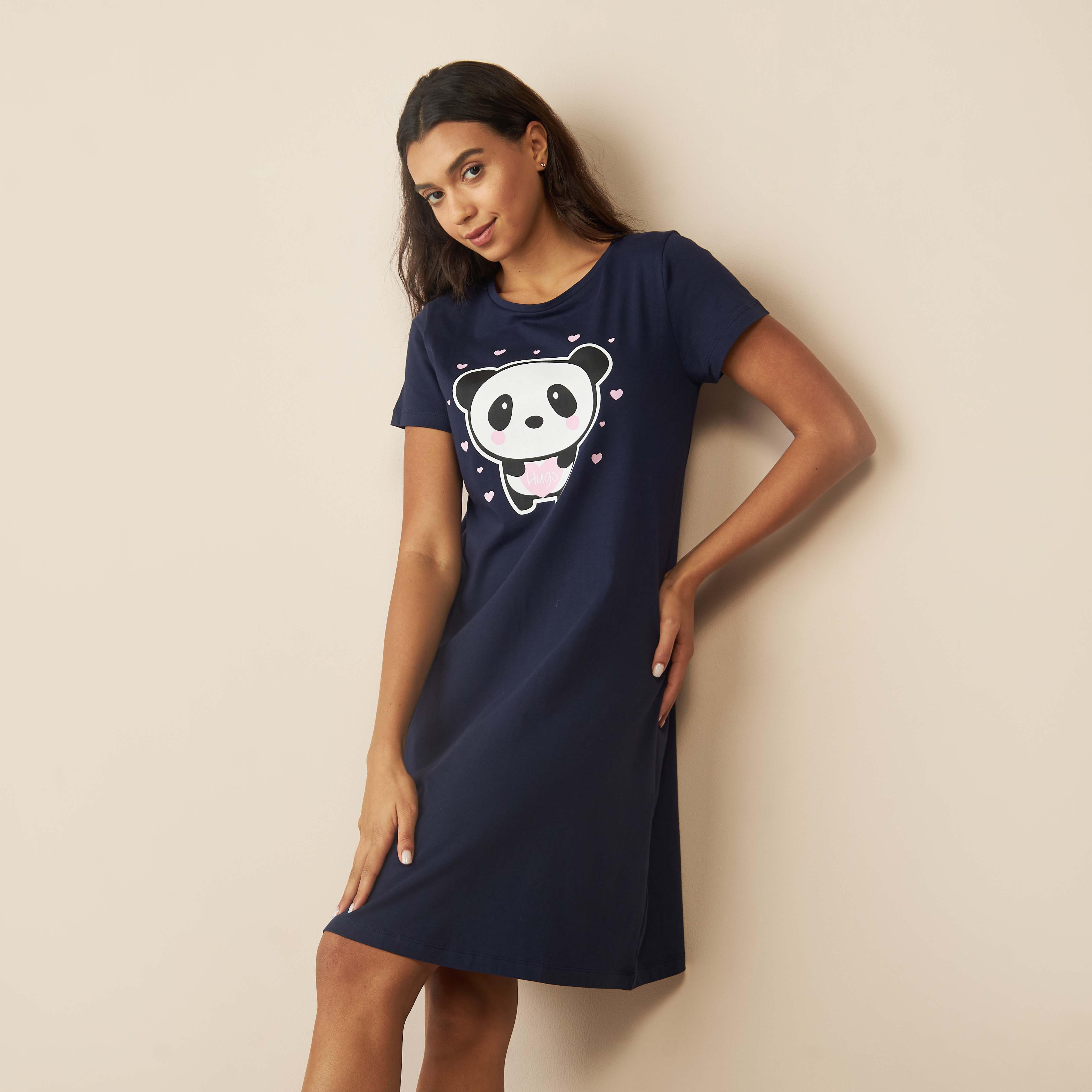 قميص نوم بياقة مستديرة وطبعات وأكمام قصيرة-women-clothing-nightwear-nighties-image-1
