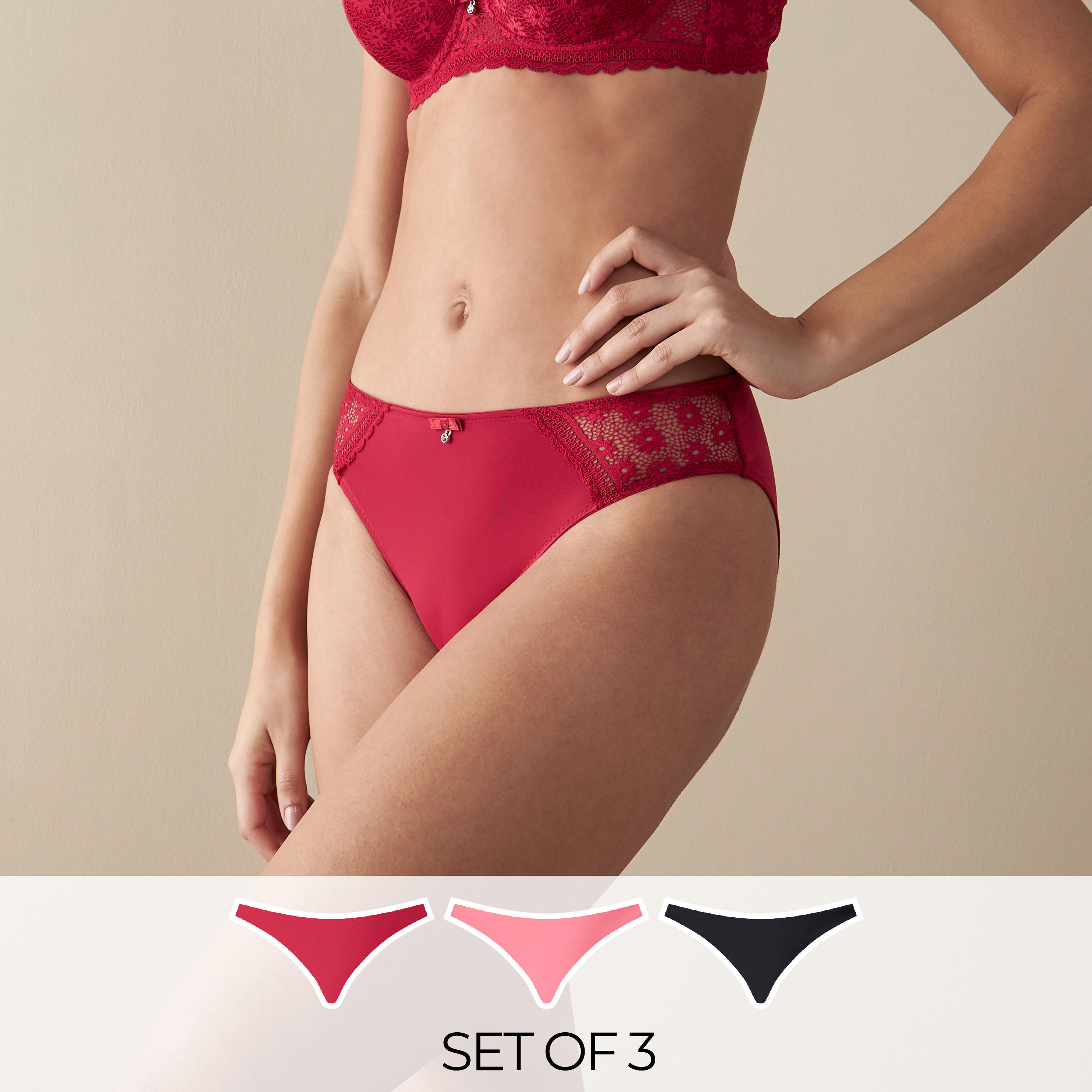 سراويل برازيليان بدانتيل وزخرفة فيونكة - طقم 3 قطع-women-clothing-lingerie-panties-image-1