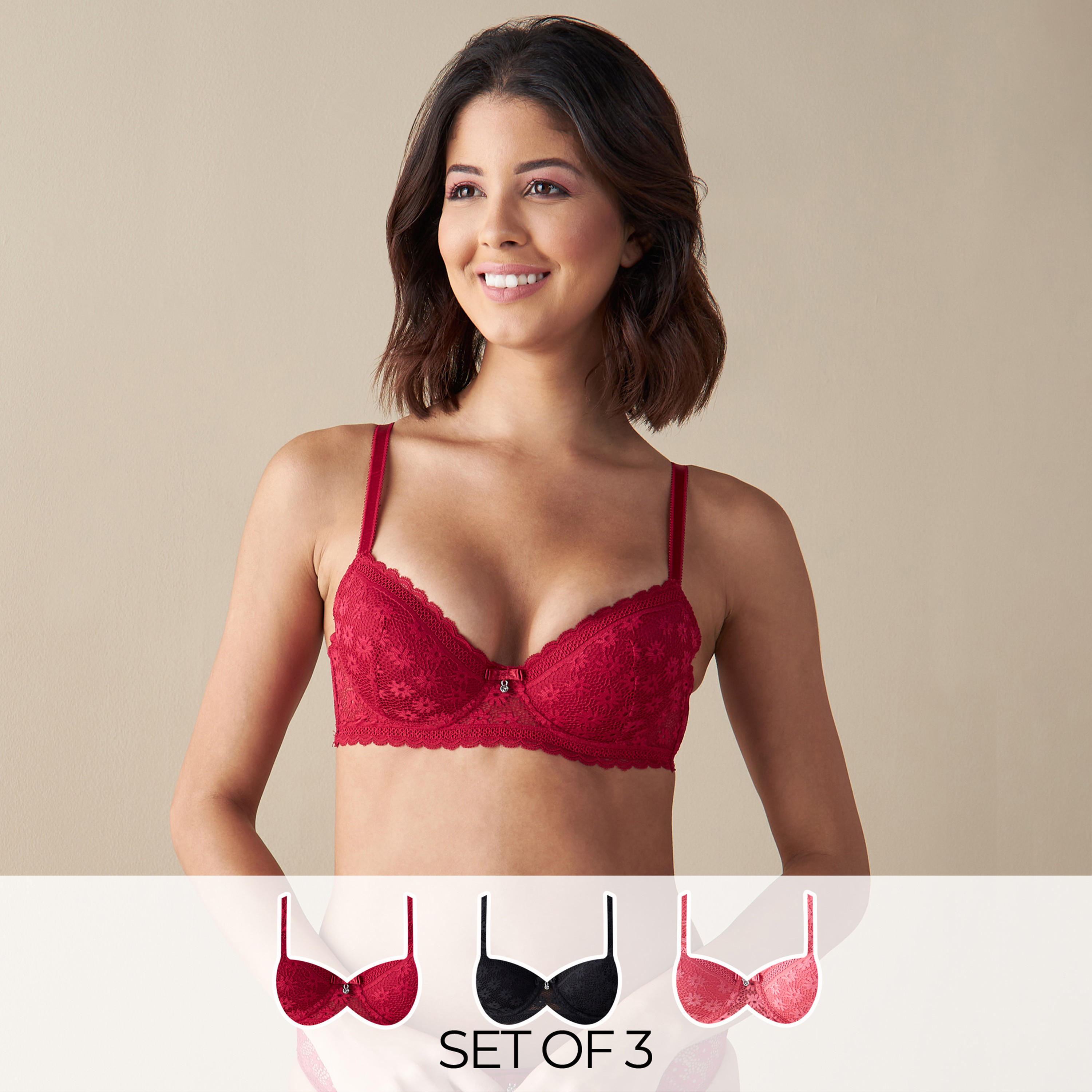 صدريّة رياضية دانتيل بارزة الملمس بحمالات قابلة للتعديل - طقم من 3 قطع-women-clothing-lingerie-bras-image-1