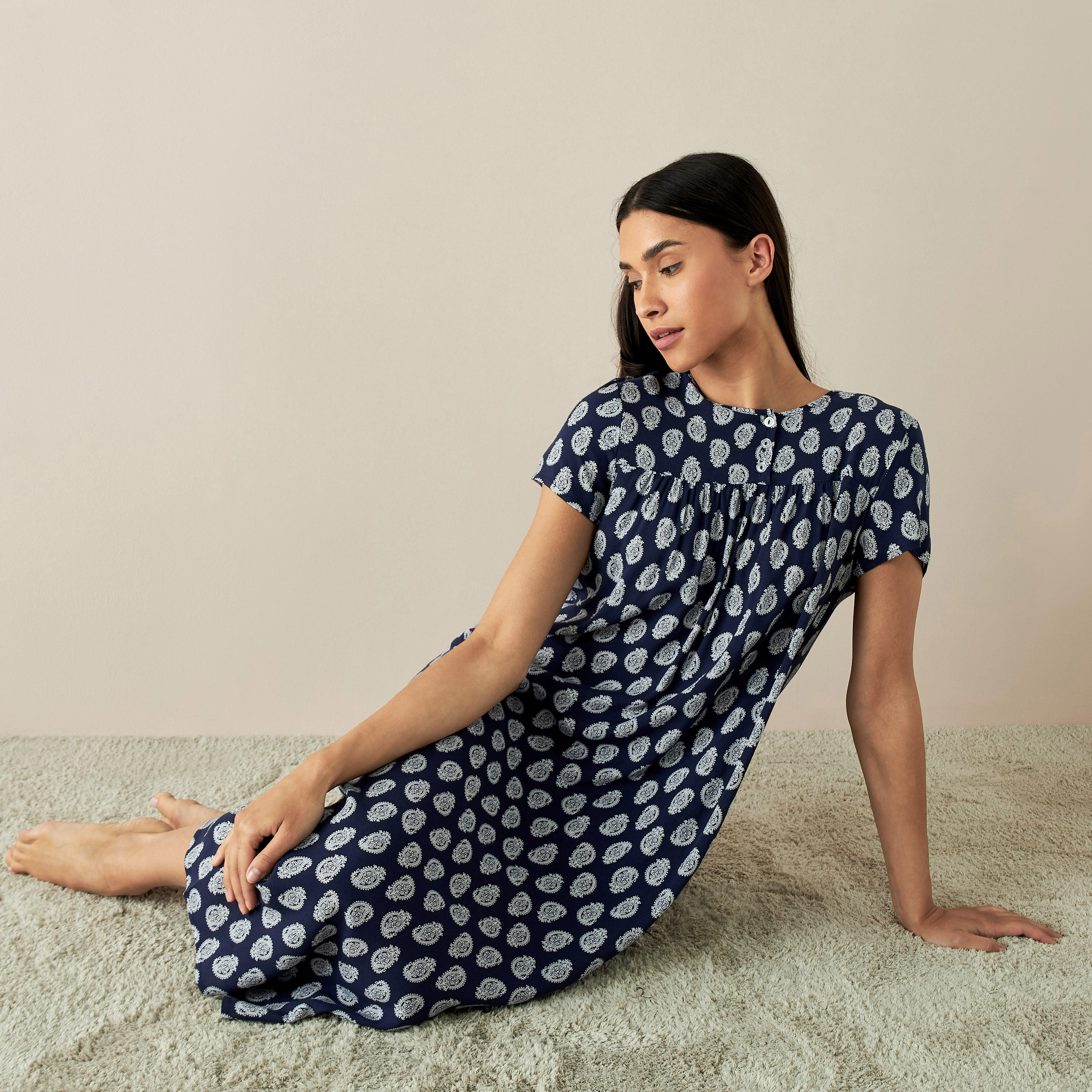All-Over Paisley Print Night Gown with Short Sleeves-women-clothing-nightwear-nighties-image-1