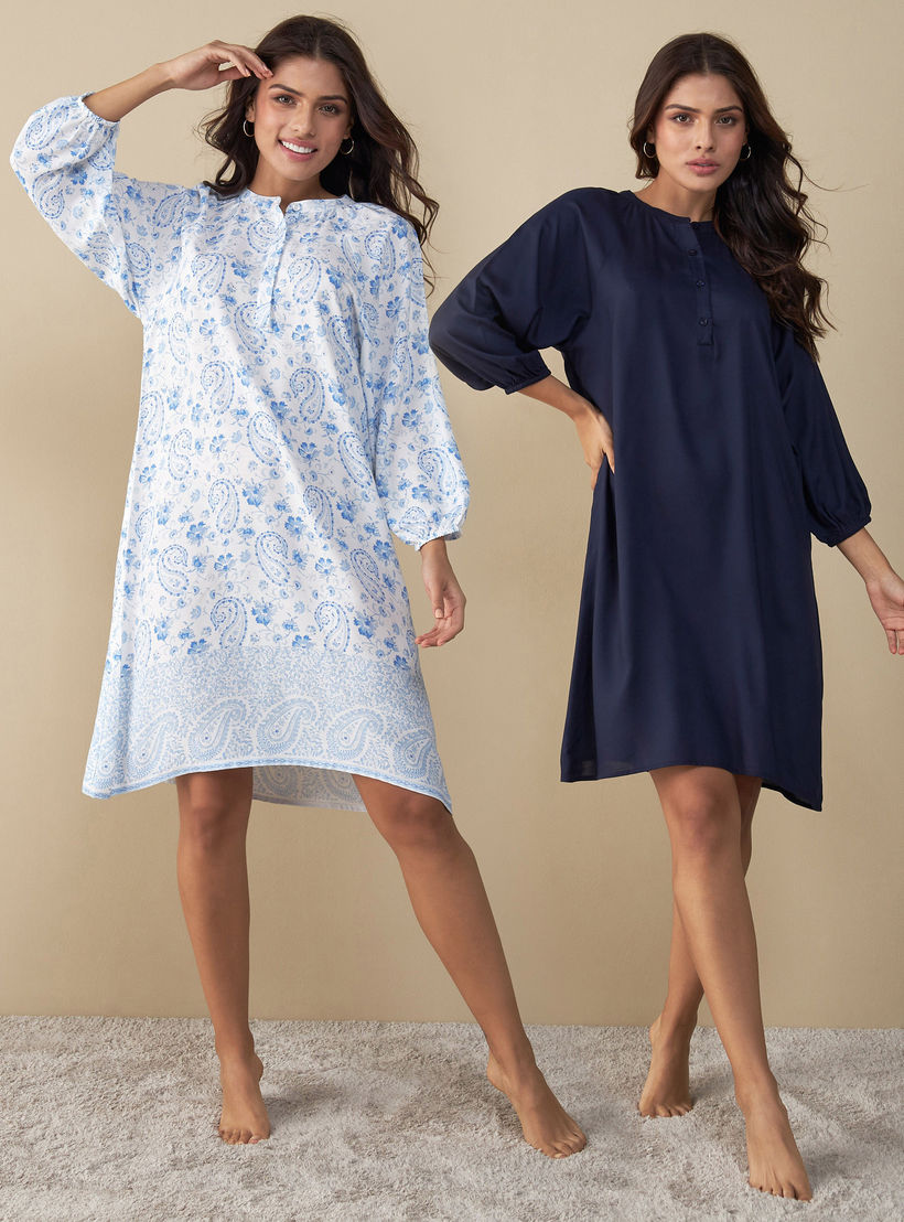 قميص نوم بياقة ماندارين - طقم من قطعتين متنوعتين-women-clothing-nightwear-nighties-image-1