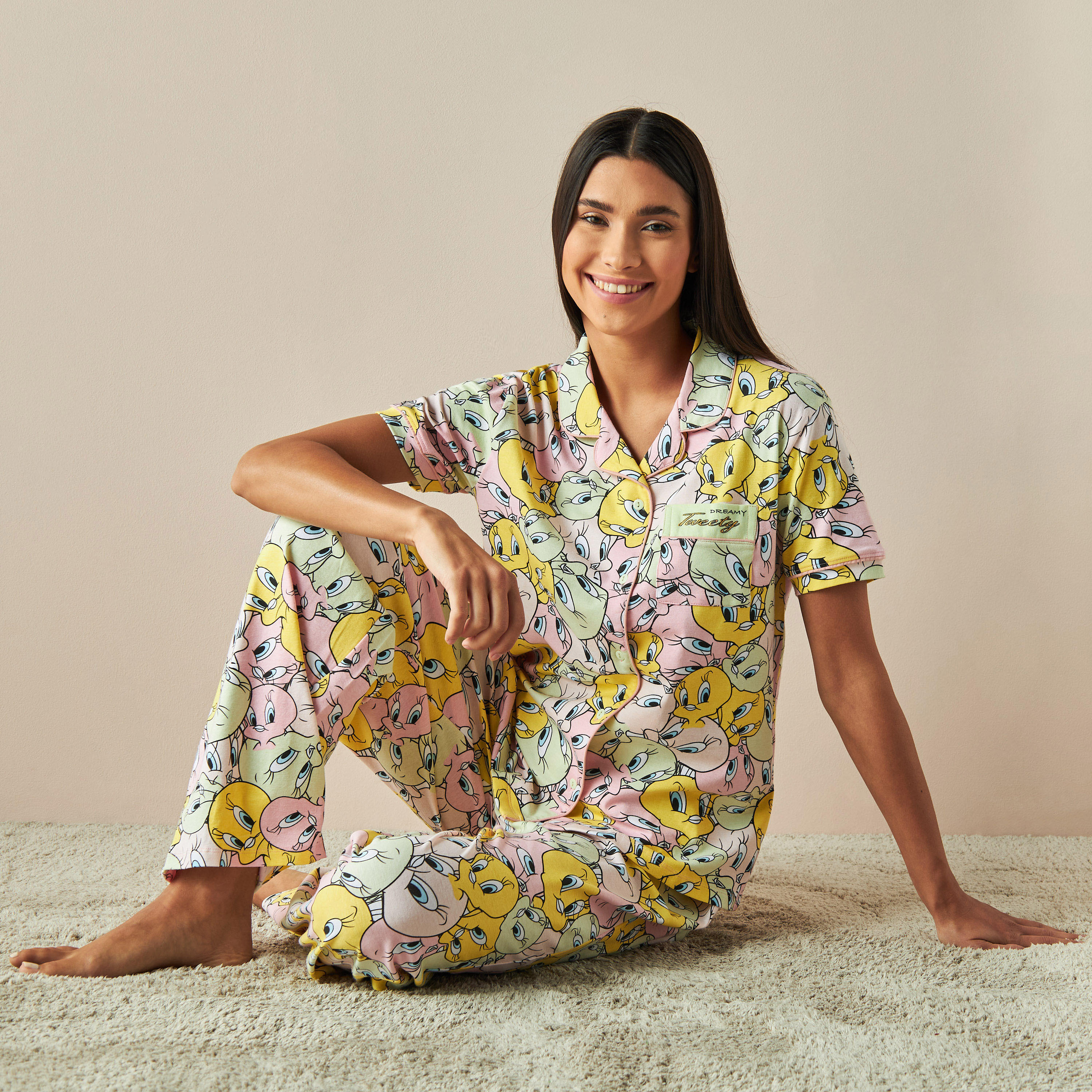 All-Over Tweety Print Shirt and Pyjama Set-women-clothing-nightwear-pyjamas-longsets-image-1