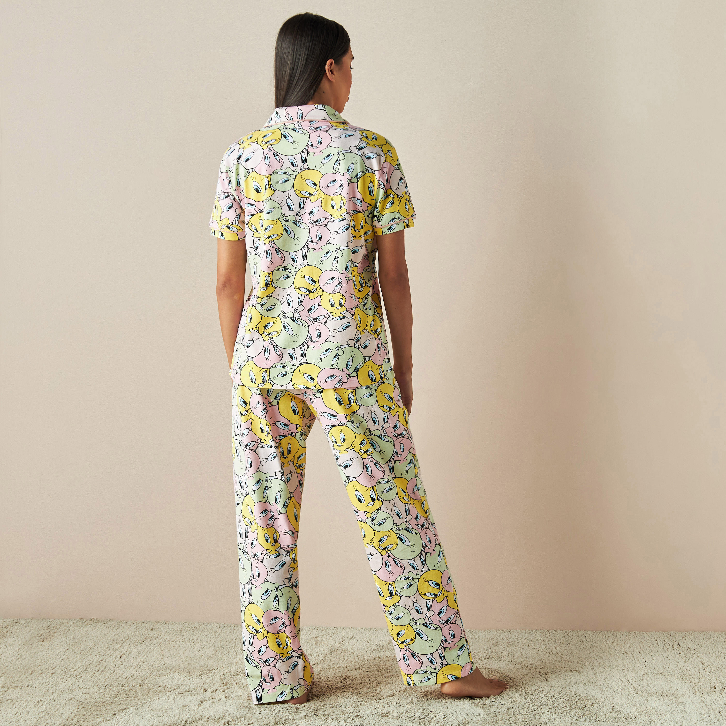 All-Over Tweety Print Shirt and Pyjama Set-women-clothing-nightwear-pyjamas-longsets-image-2