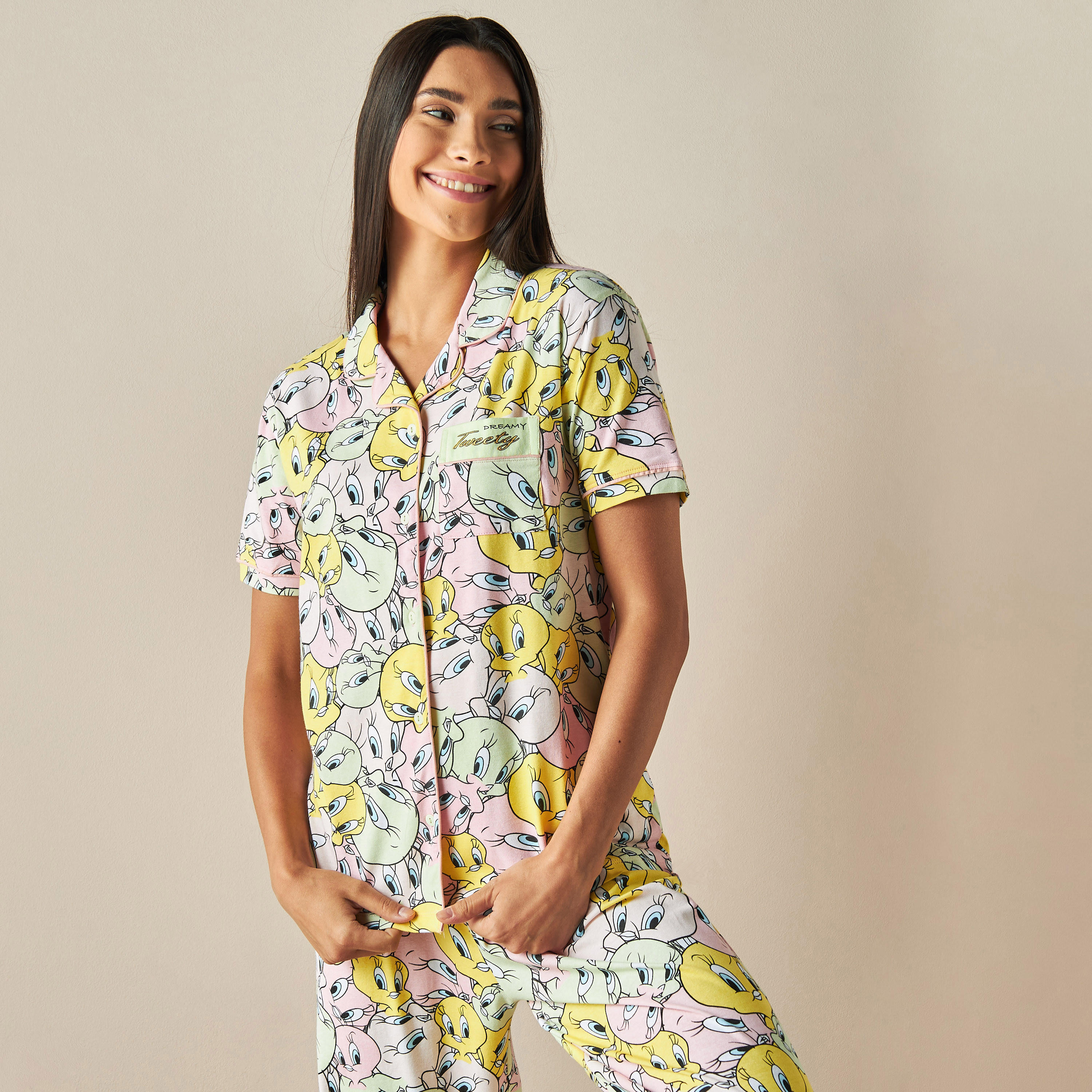 All-Over Tweety Print Shirt and Pyjama Set-women-clothing-nightwear-pyjamas-longsets-image-3