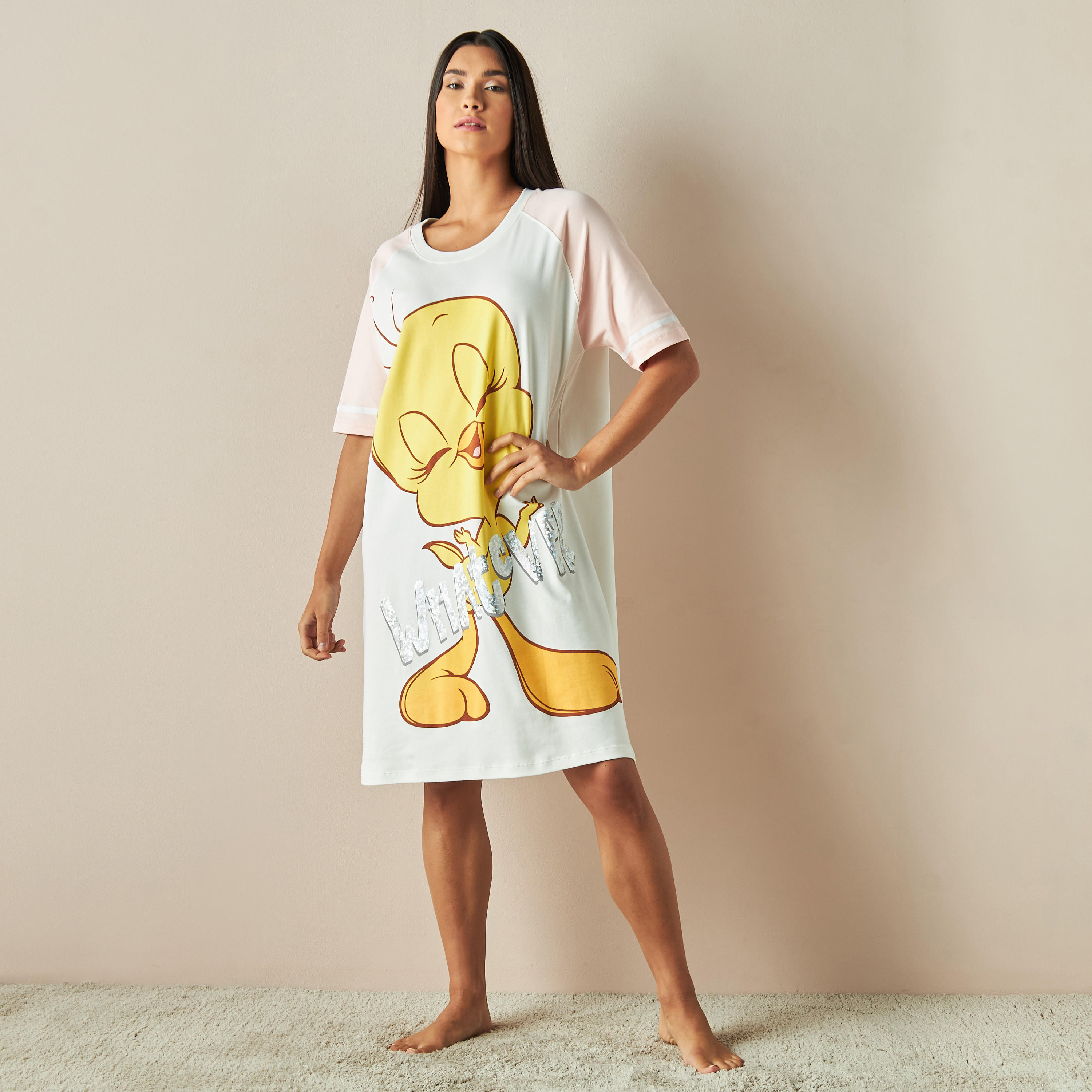 Tweety Print Sleepshirt with Round Neck and Short Sleeves-women-clothing-nightwear-nighties-image-1