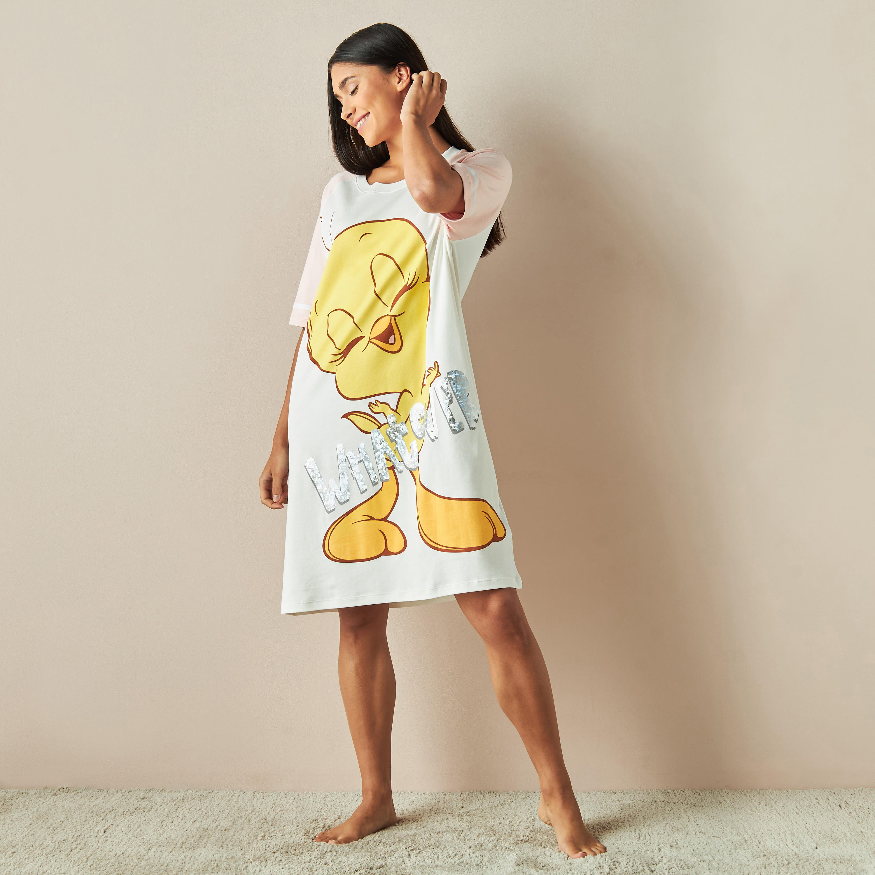 Tweety Print Sleepshirt with Round Neck and Short Sleeves-women-clothing-nightwear-nighties-image-2