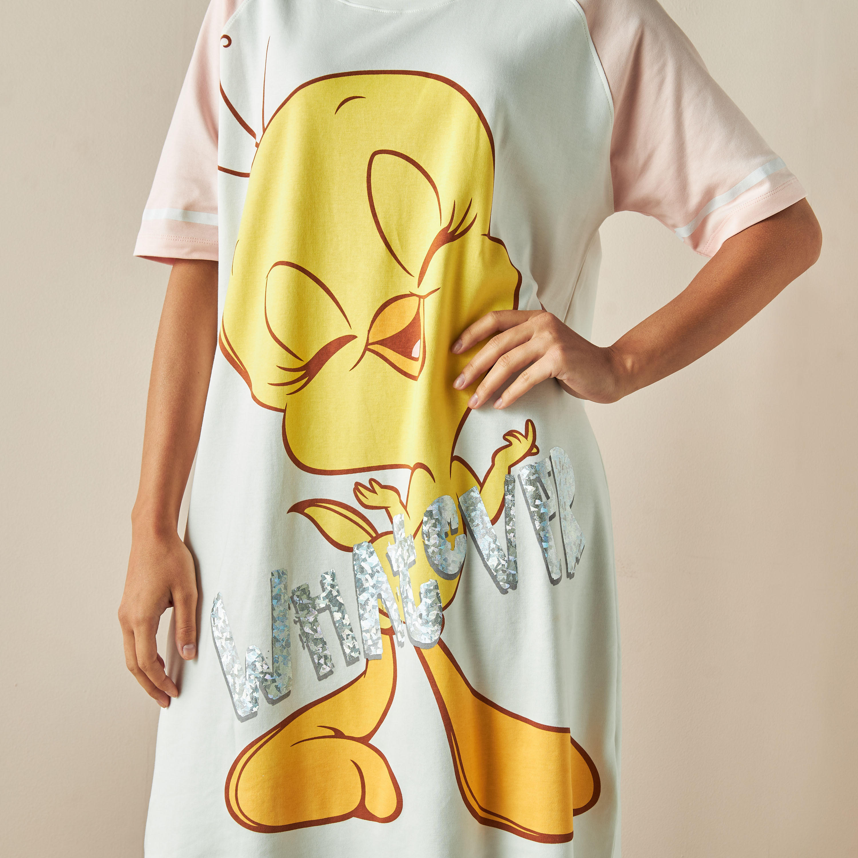 Tweety Print Sleepshirt with Round Neck and Short Sleeves-women-clothing-nightwear-nighties-image-4