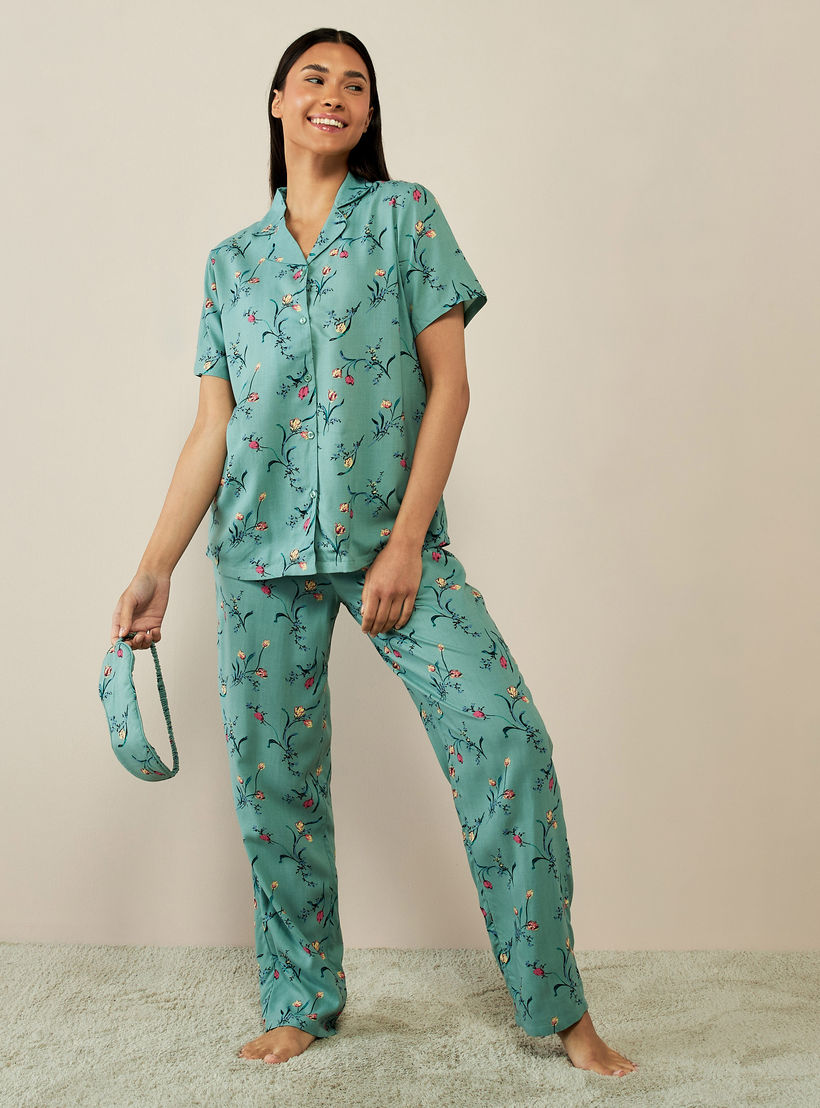طقم بنطلون بيجاما وقميص بياقة كامب وطبعات زهور-women-clothing-nightwear-pyjamas-longsets-image-1