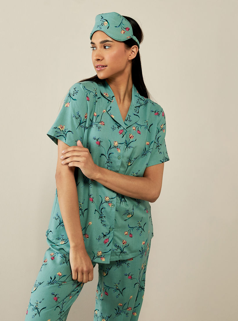 طقم بنطلون بيجاما وقميص بياقة كامب وطبعات زهور-women-clothing-nightwear-pyjamas-longsets-image-3