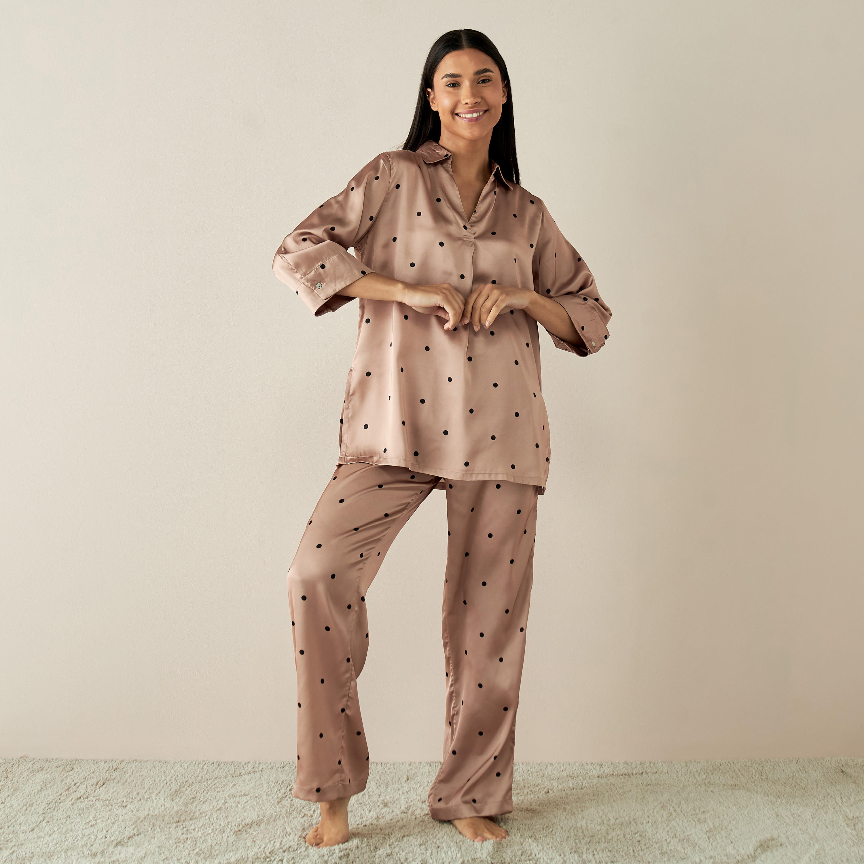 Polka Dot Collared Top and Pyjama Set-women-clothing-nightwear-pyjamas-longsets-image-1
