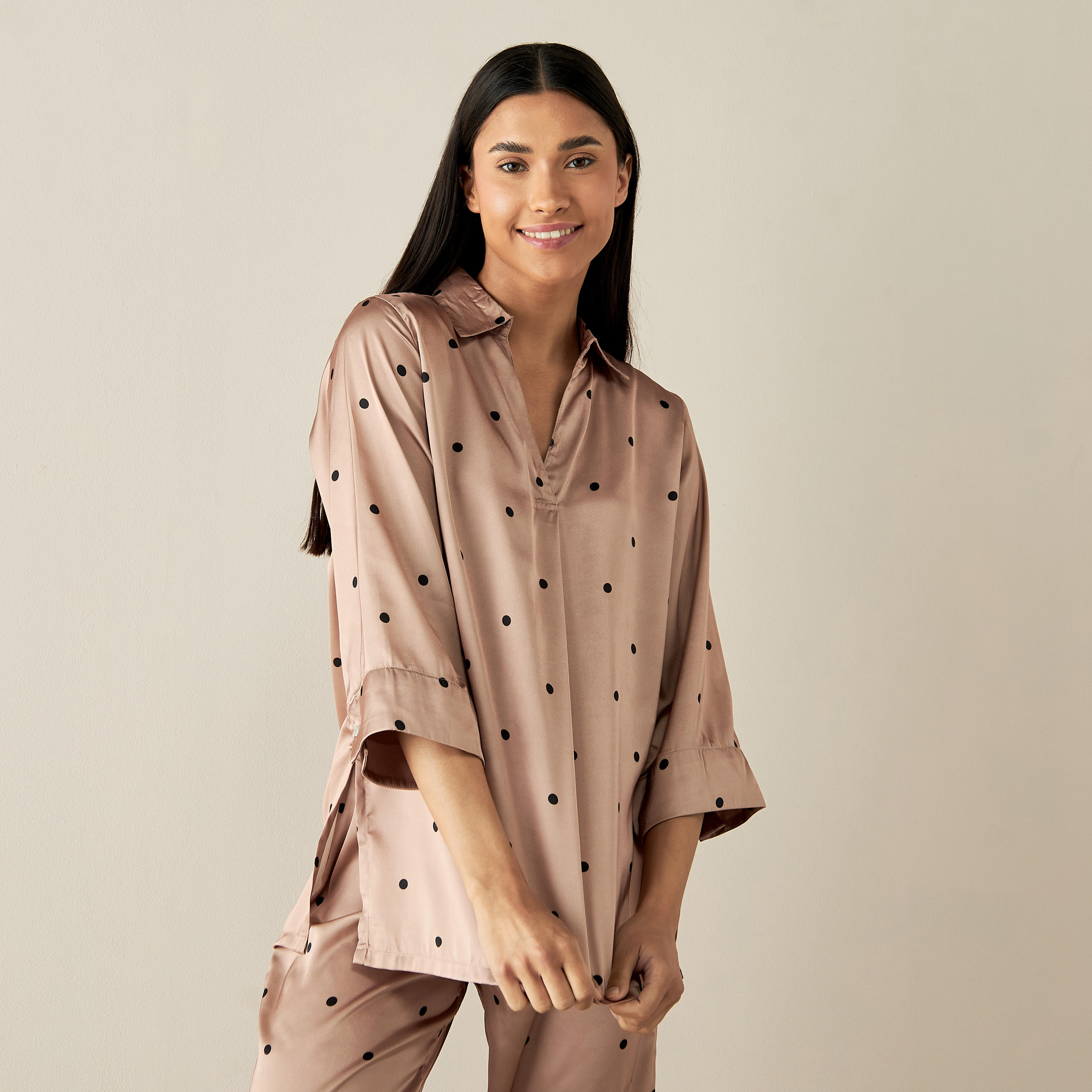 Polka Dot Collared Top and Pyjama Set-women-clothing-nightwear-pyjamas-longsets-image-3