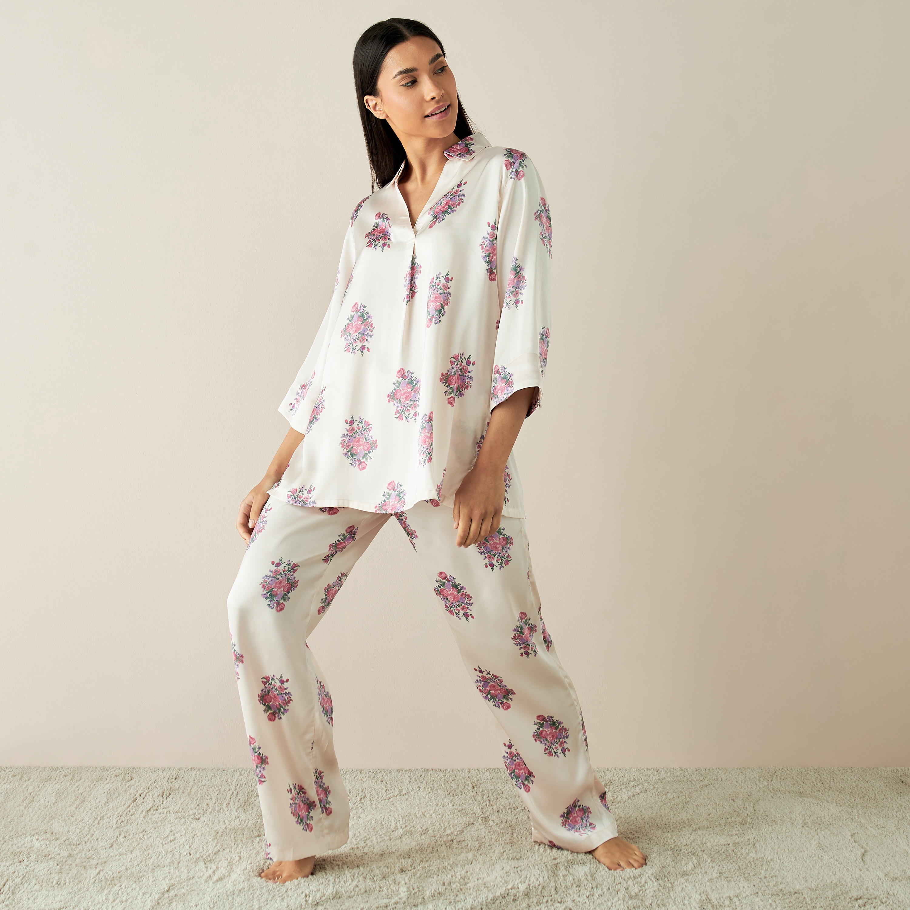 Floral Print Collared Top and Pyjama Set-women-clothing-nightwear-pyjamas-longsets-image-1