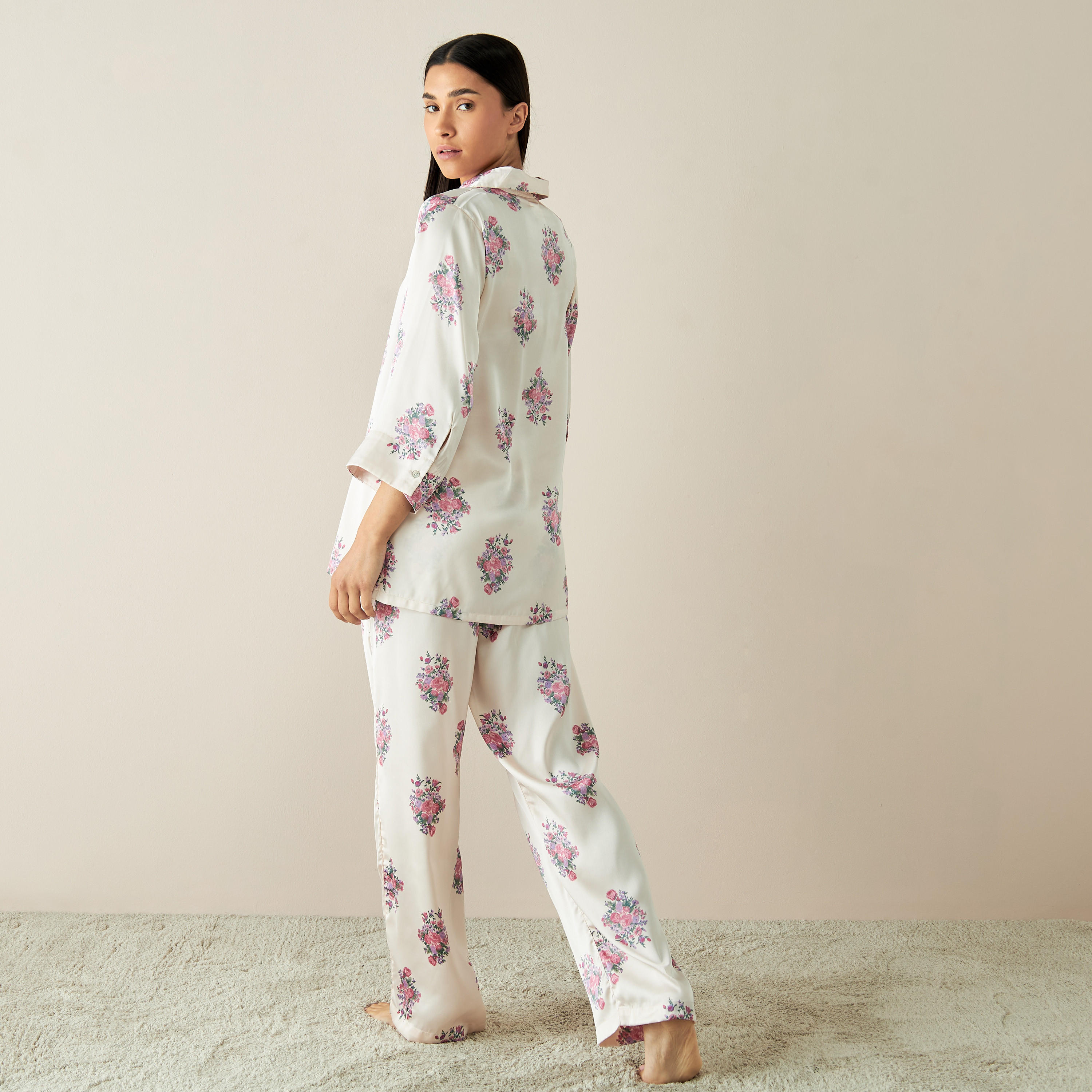 Floral Print Collared Top and Pyjama Set-women-clothing-nightwear-pyjamas-longsets-image-2