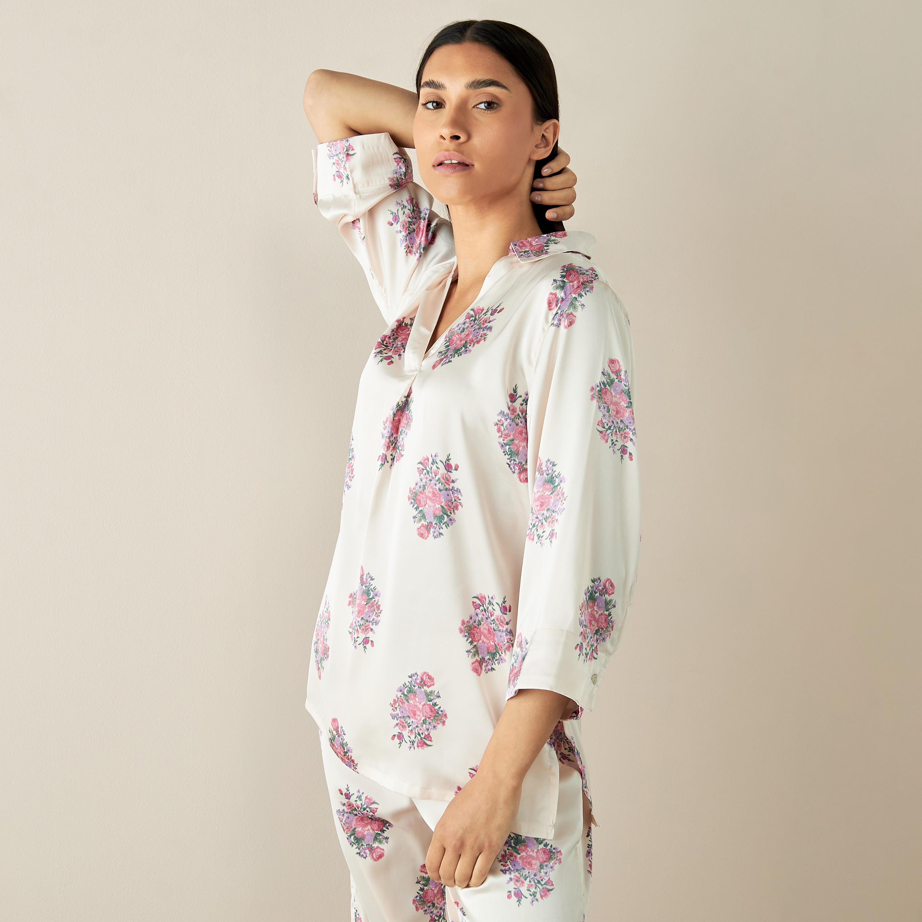 Floral Print Collared Top and Pyjama Set-women-clothing-nightwear-pyjamas-longsets-image-3