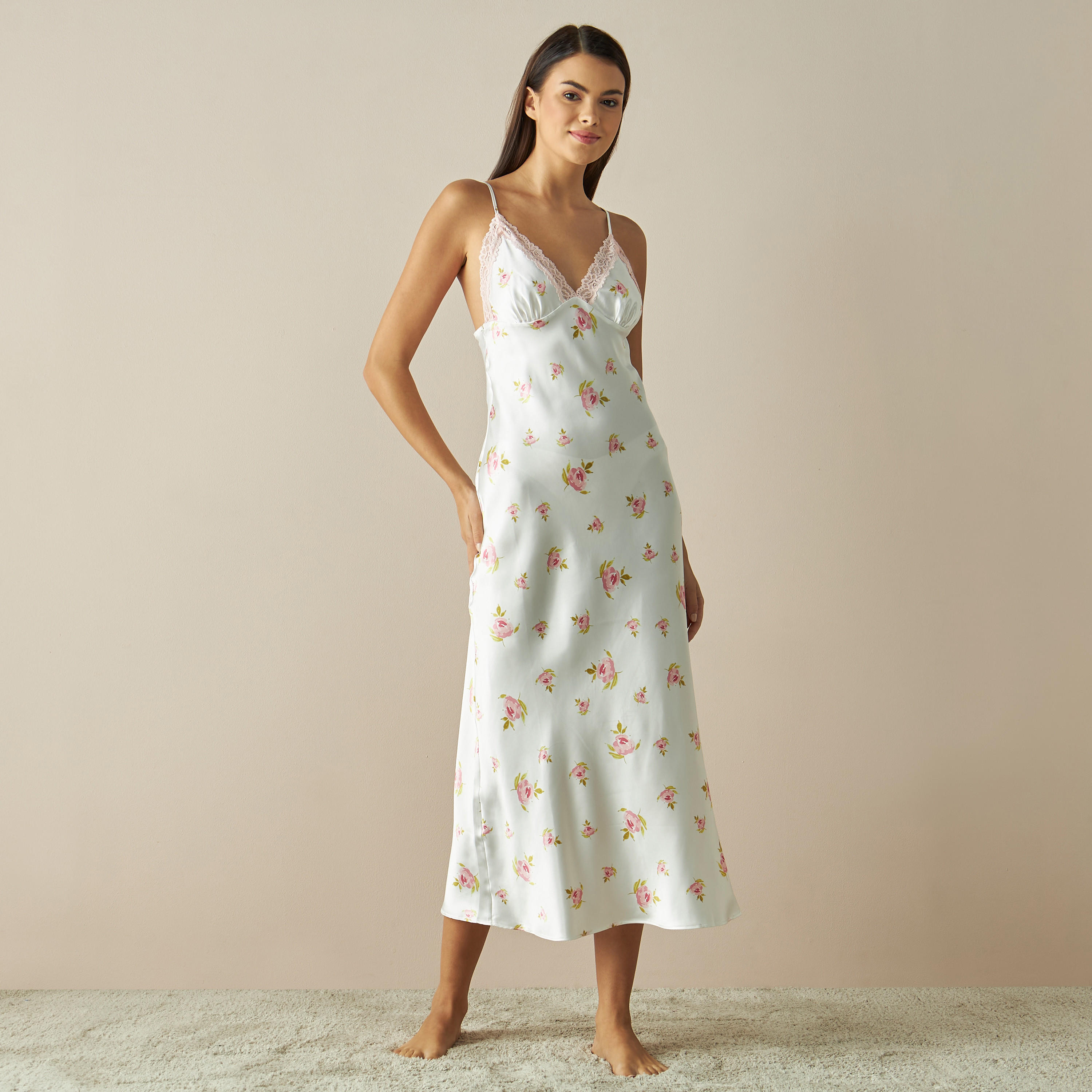 All-Over Floral Print Satin Slip Dress with Lace Detail-women-clothing-nightwear-nighties-image-1