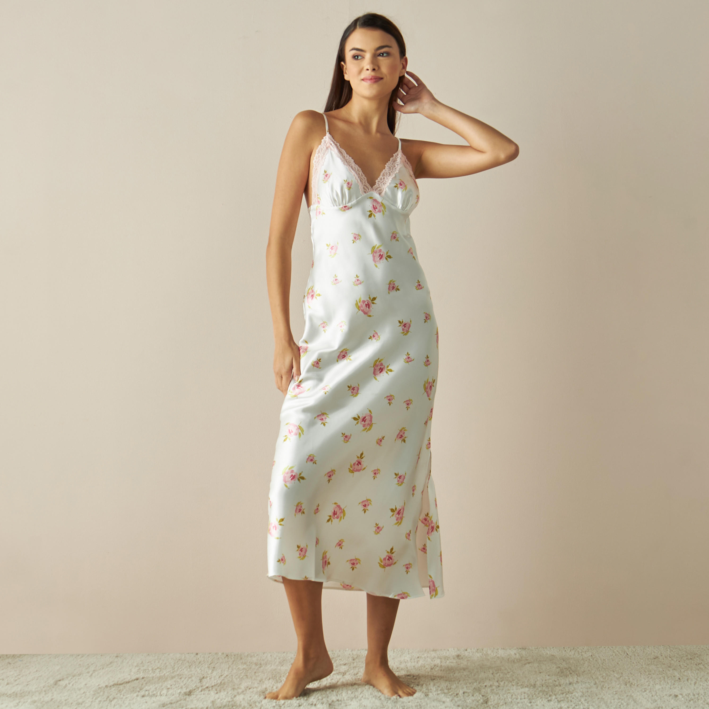 All-Over Floral Print Satin Slip Dress with Lace Detail-women-clothing-nightwear-nighties-image-2