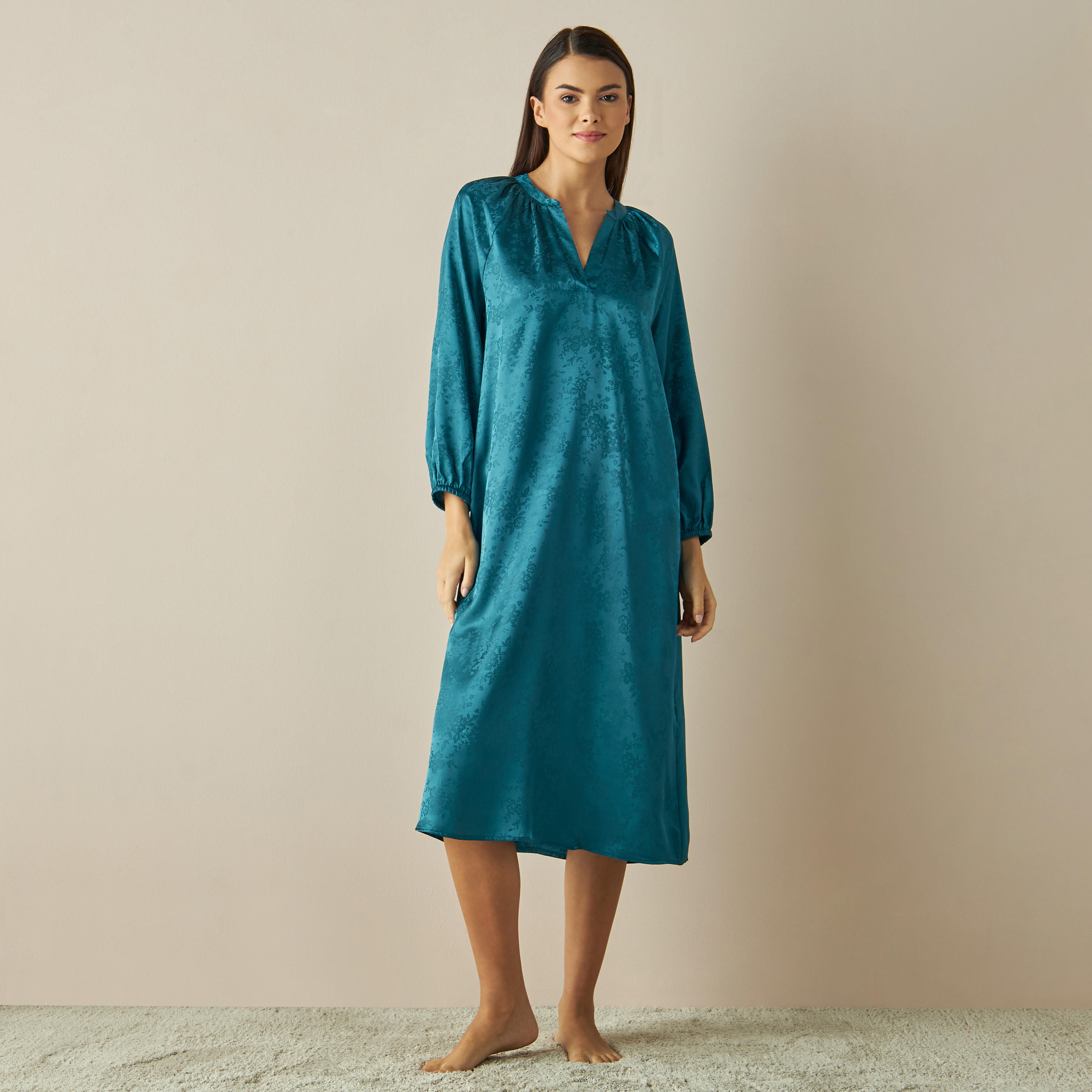 Textured Satin Jacquard Night Gown with Band Collar-women-clothing-nightwear-nighties-image-1