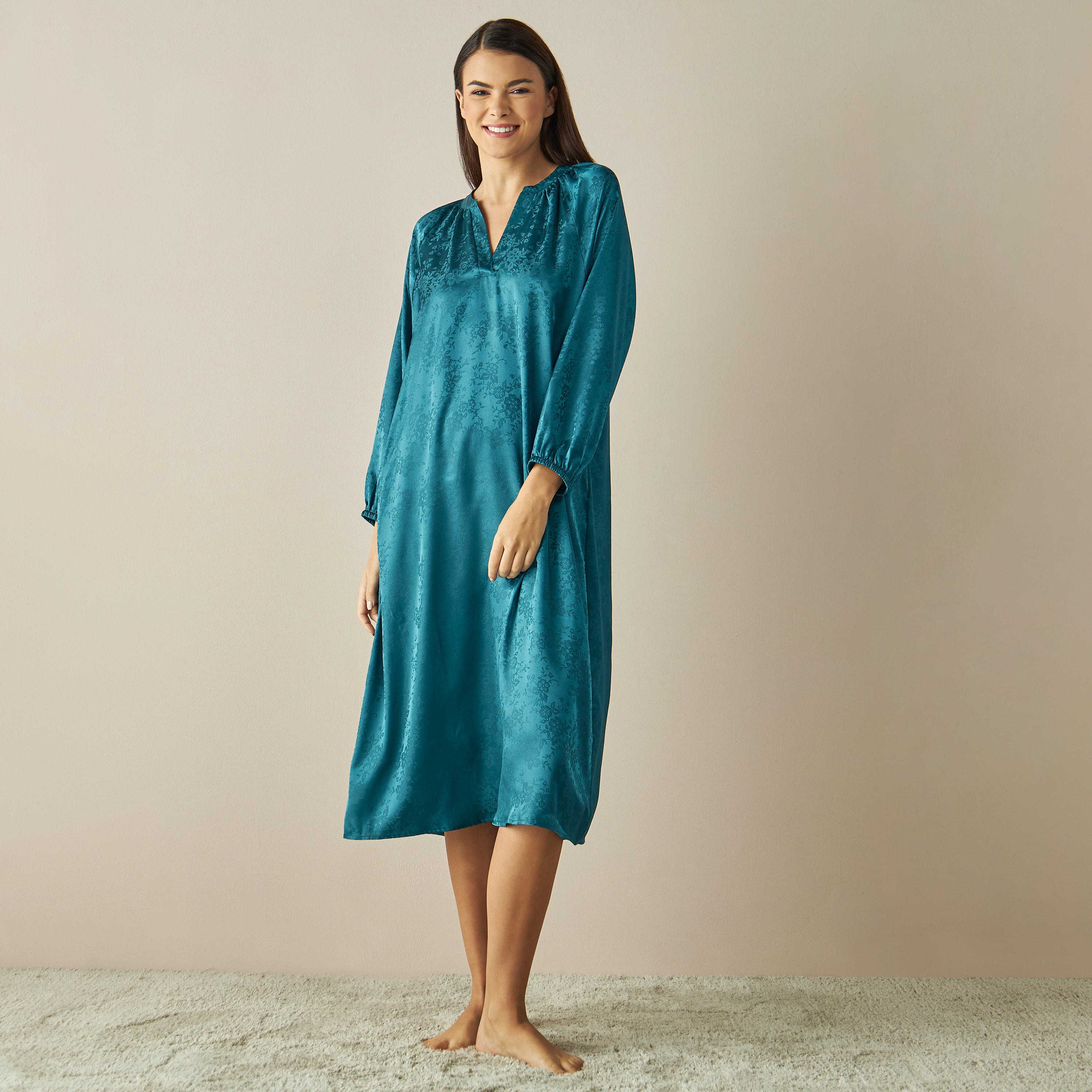 Textured Satin Jacquard Night Gown with Band Collar-women-clothing-nightwear-nighties-image-2