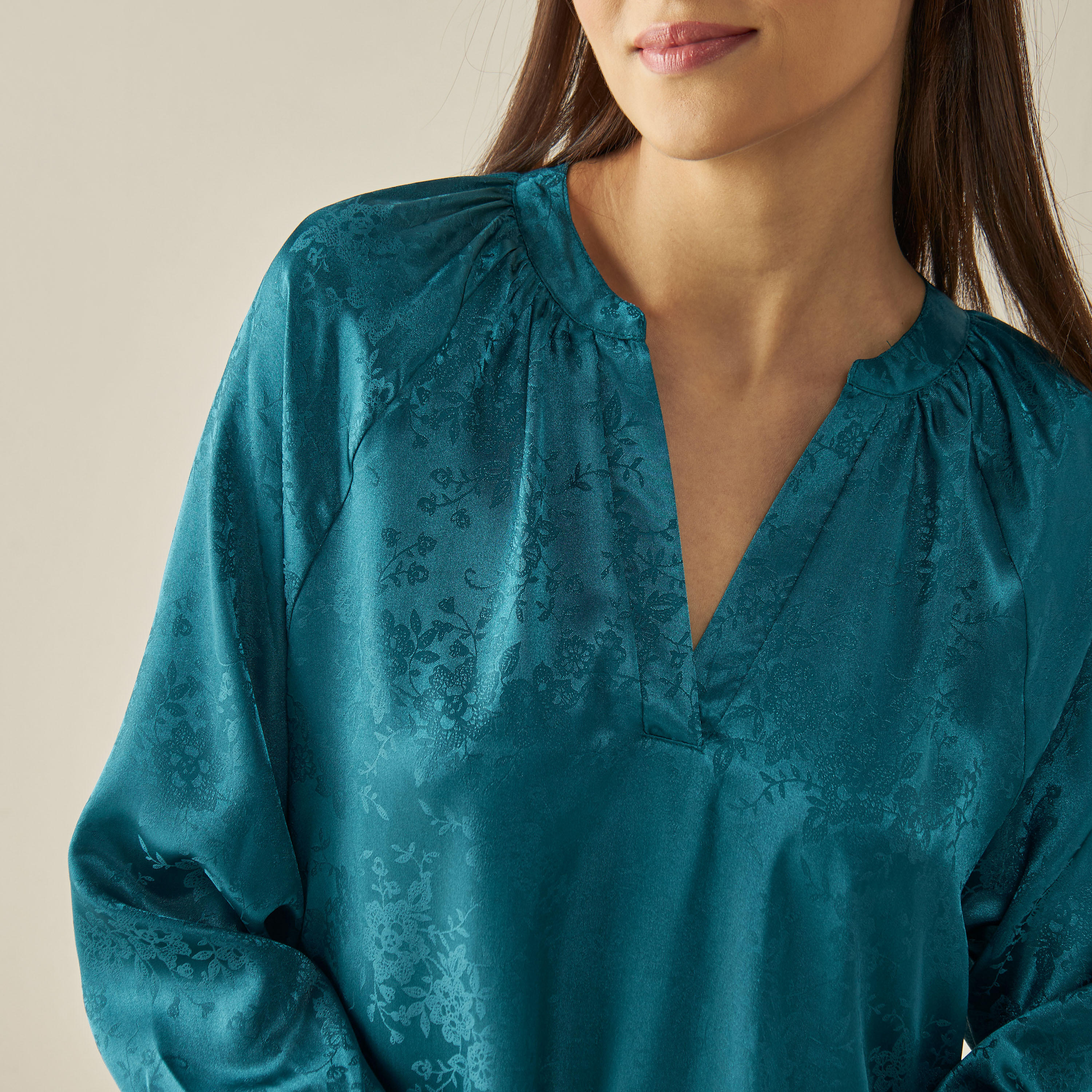 Textured Satin Jacquard Night Gown with Band Collar-women-clothing-nightwear-nighties-image-4