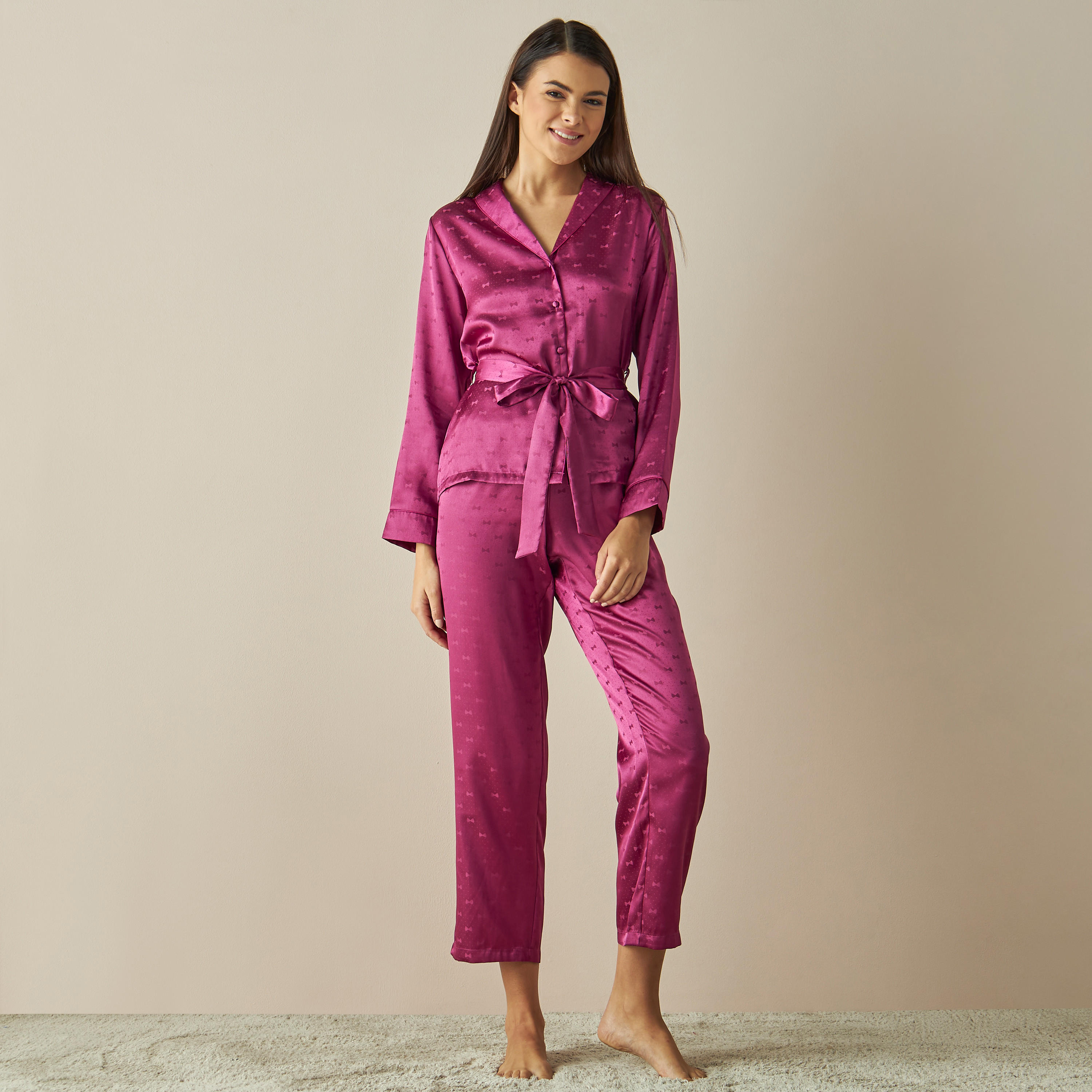Textured Satin Jacquard Shirt and Pyjama Set-women-clothing-nightwear-pyjamas-longsets-image-1