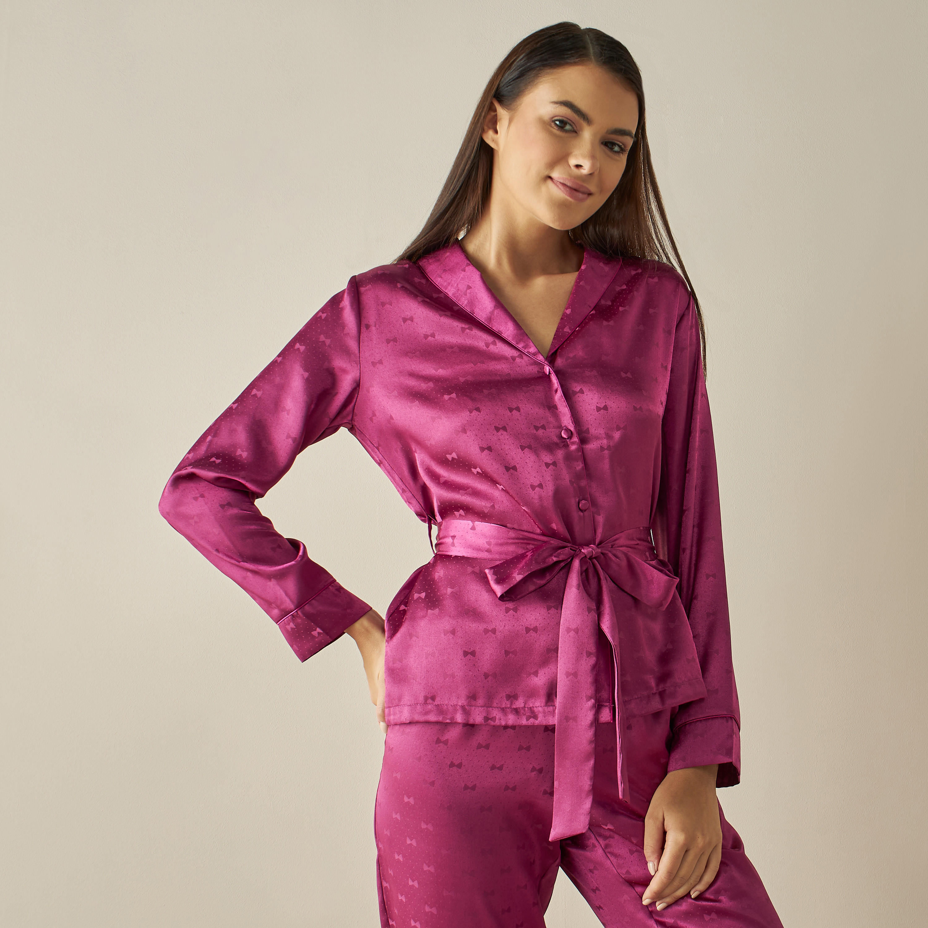 Textured Satin Jacquard Shirt and Pyjama Set-women-clothing-nightwear-pyjamas-longsets-image-3
