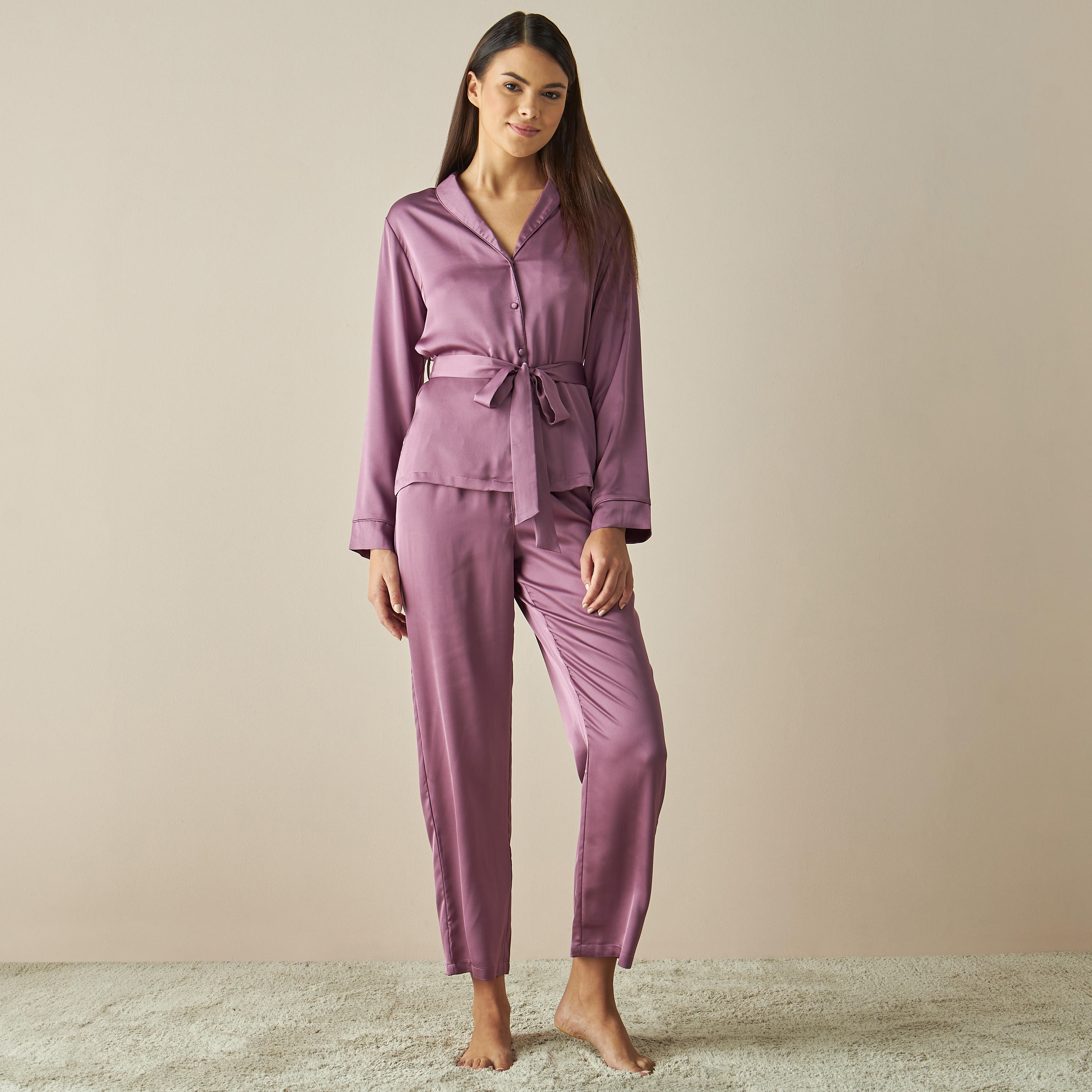 طقم بنطلون بيجاما وقميص ساتن جاكارد سادة-women-clothing-nightwear-pyjamas-longsets-image-5