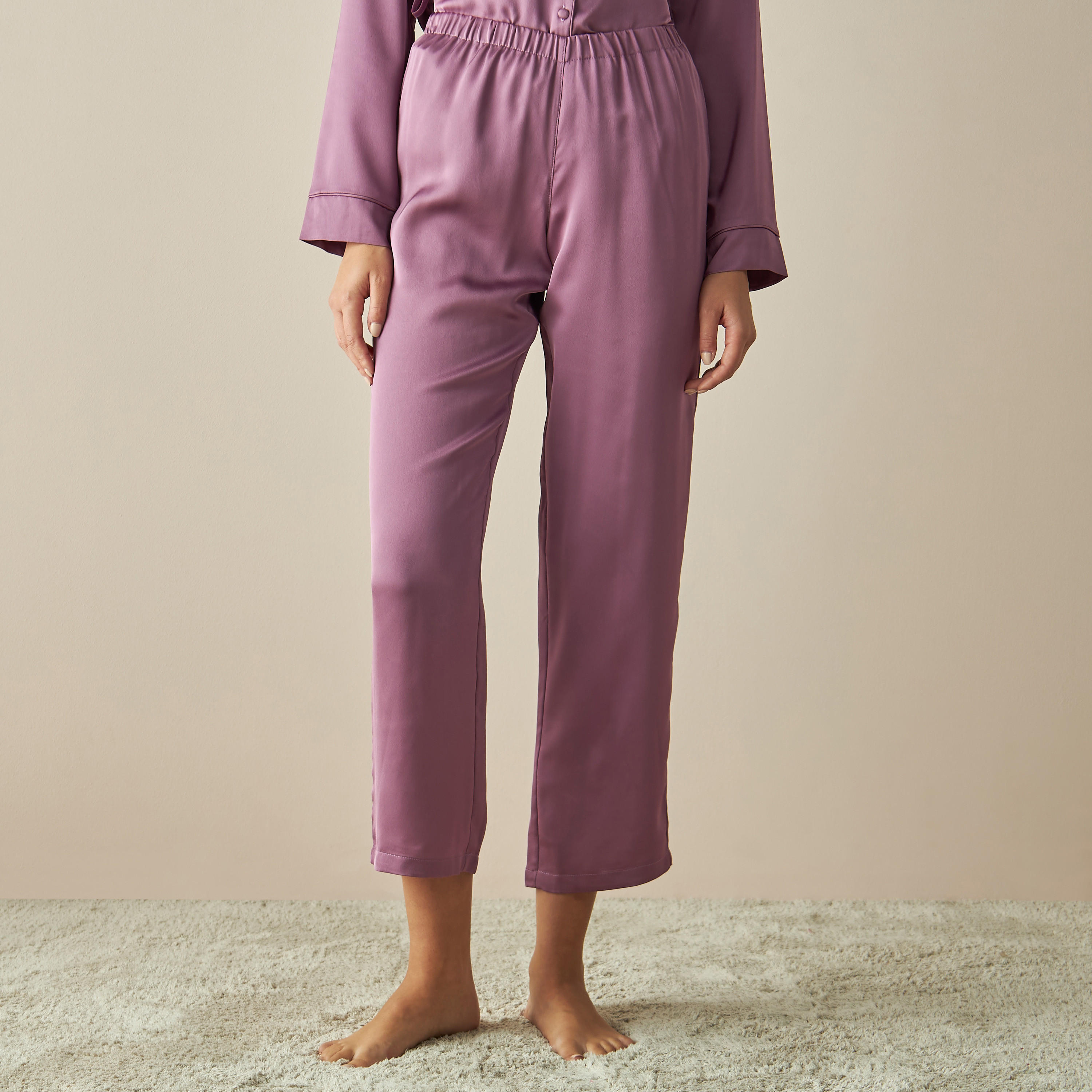 طقم بنطلون بيجاما وقميص ساتن جاكارد سادة-women-clothing-nightwear-pyjamas-longsets-image-2