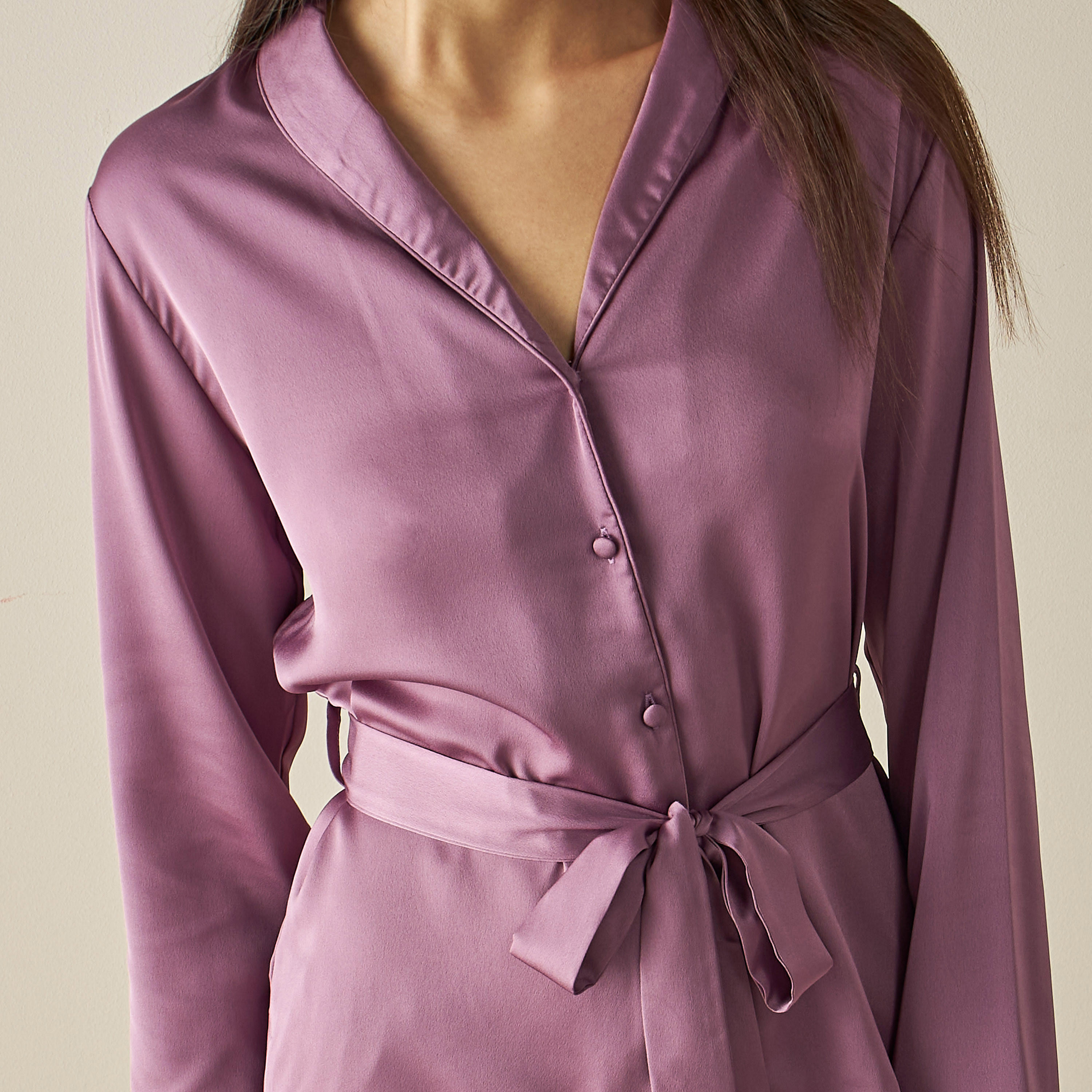 طقم بنطلون بيجاما وقميص ساتن جاكارد سادة-women-clothing-nightwear-pyjamas-longsets-image-1