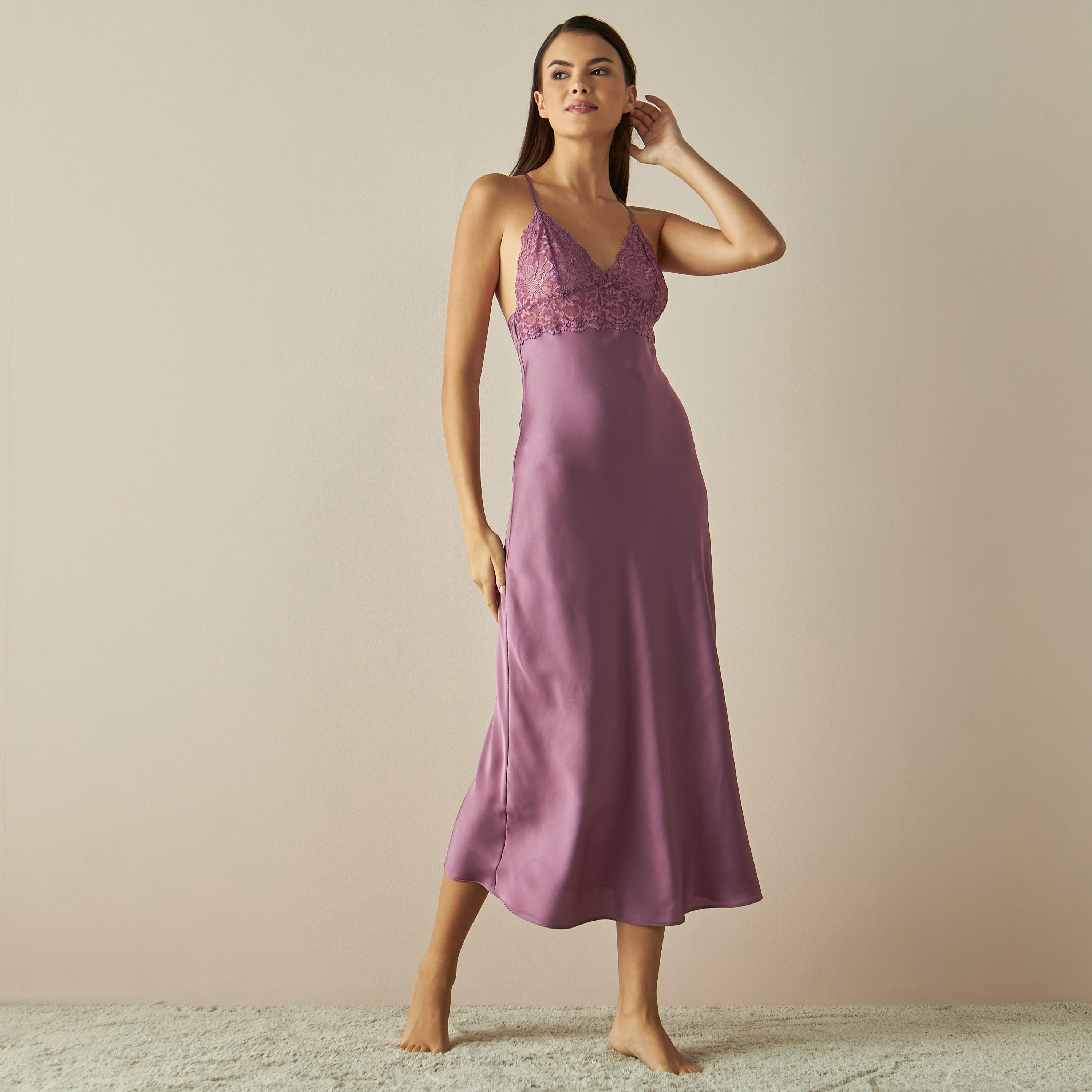 Solid Satin Slip Dress with Lace Detail-women-clothing-nightwear-nighties-image-1