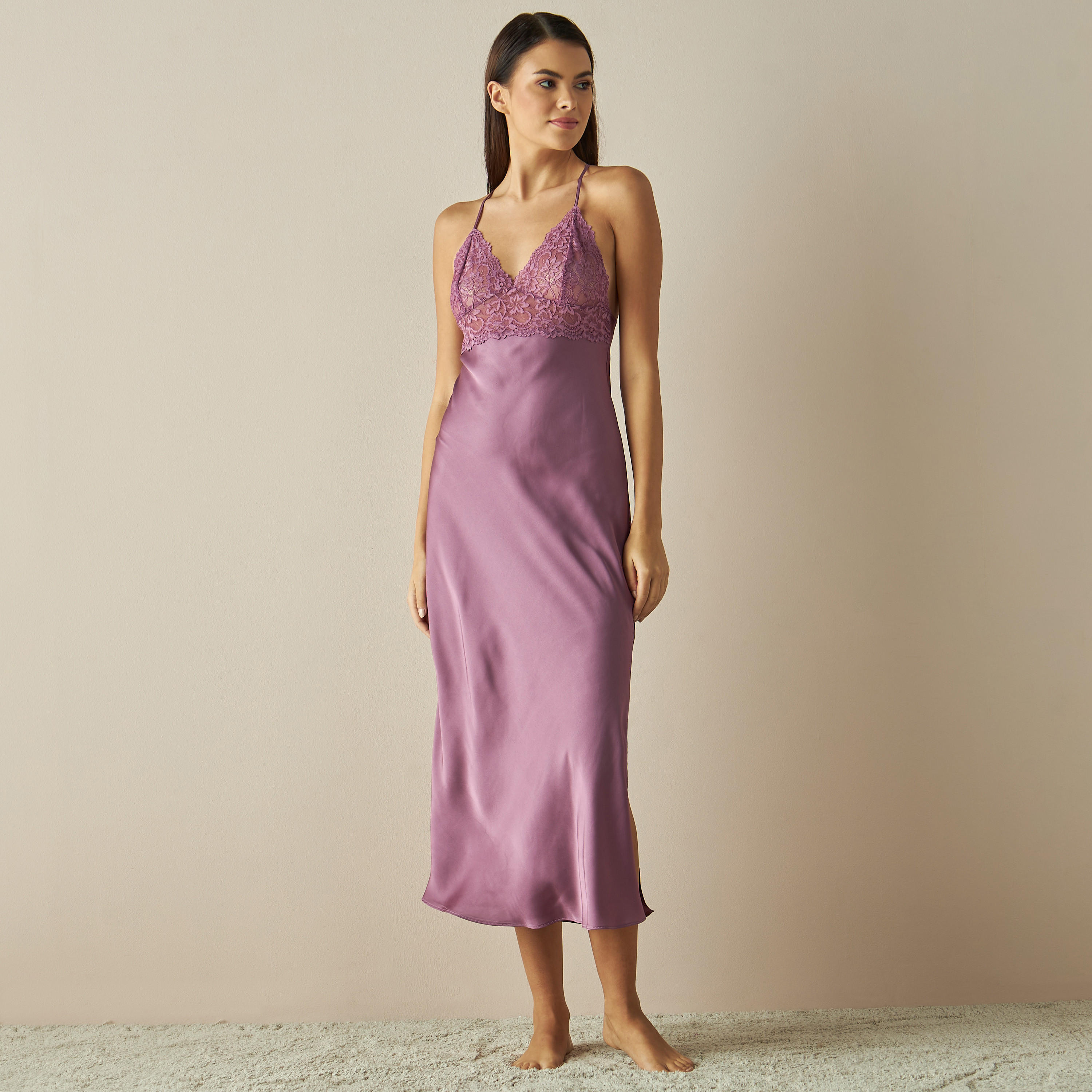 Solid Satin Slip Dress with Lace Detail-women-clothing-nightwear-nighties-image-2