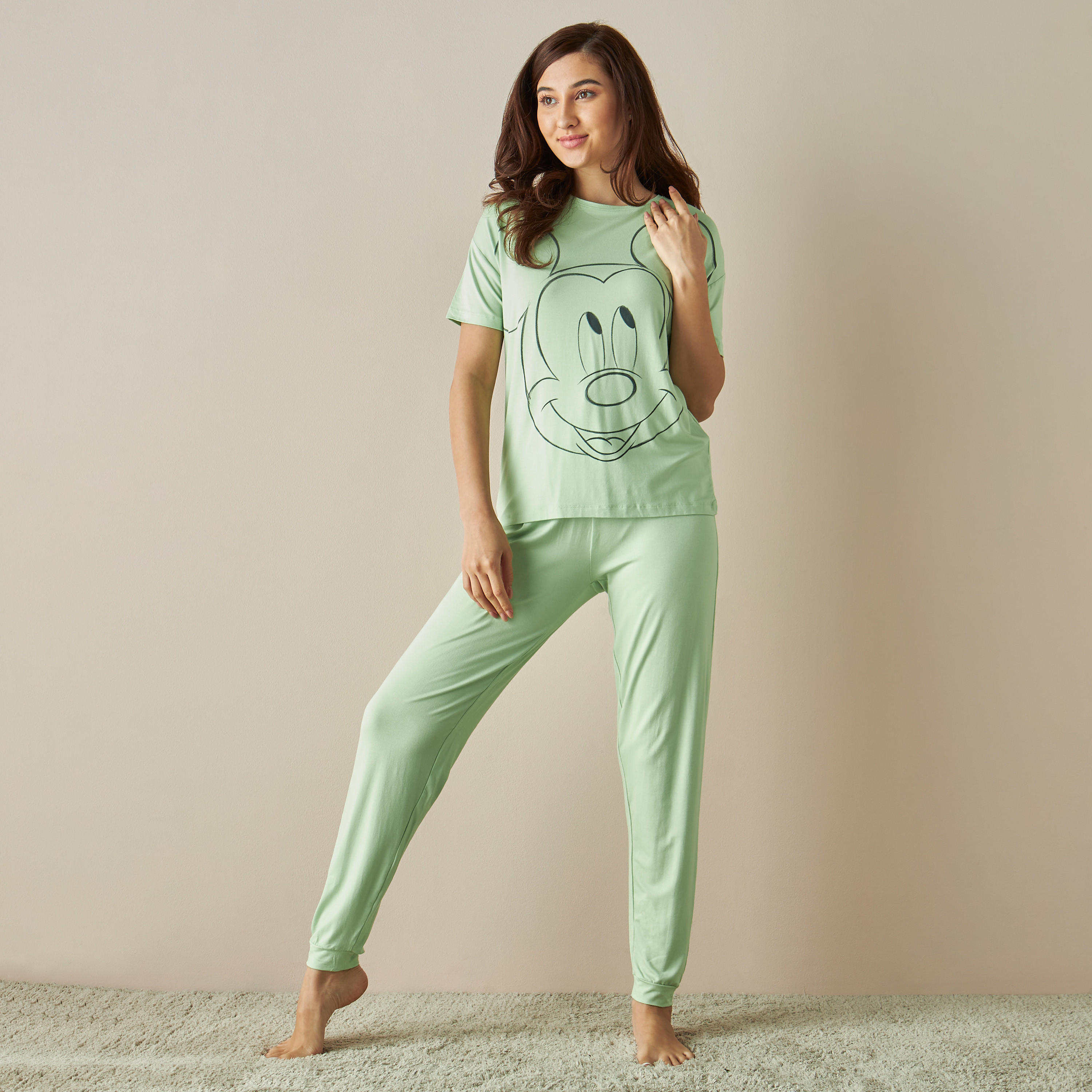 Mickey Mouse Print T-shirt and Pyjama Set-women-clothing-nightwear-pyjamas-longsets-image-1
