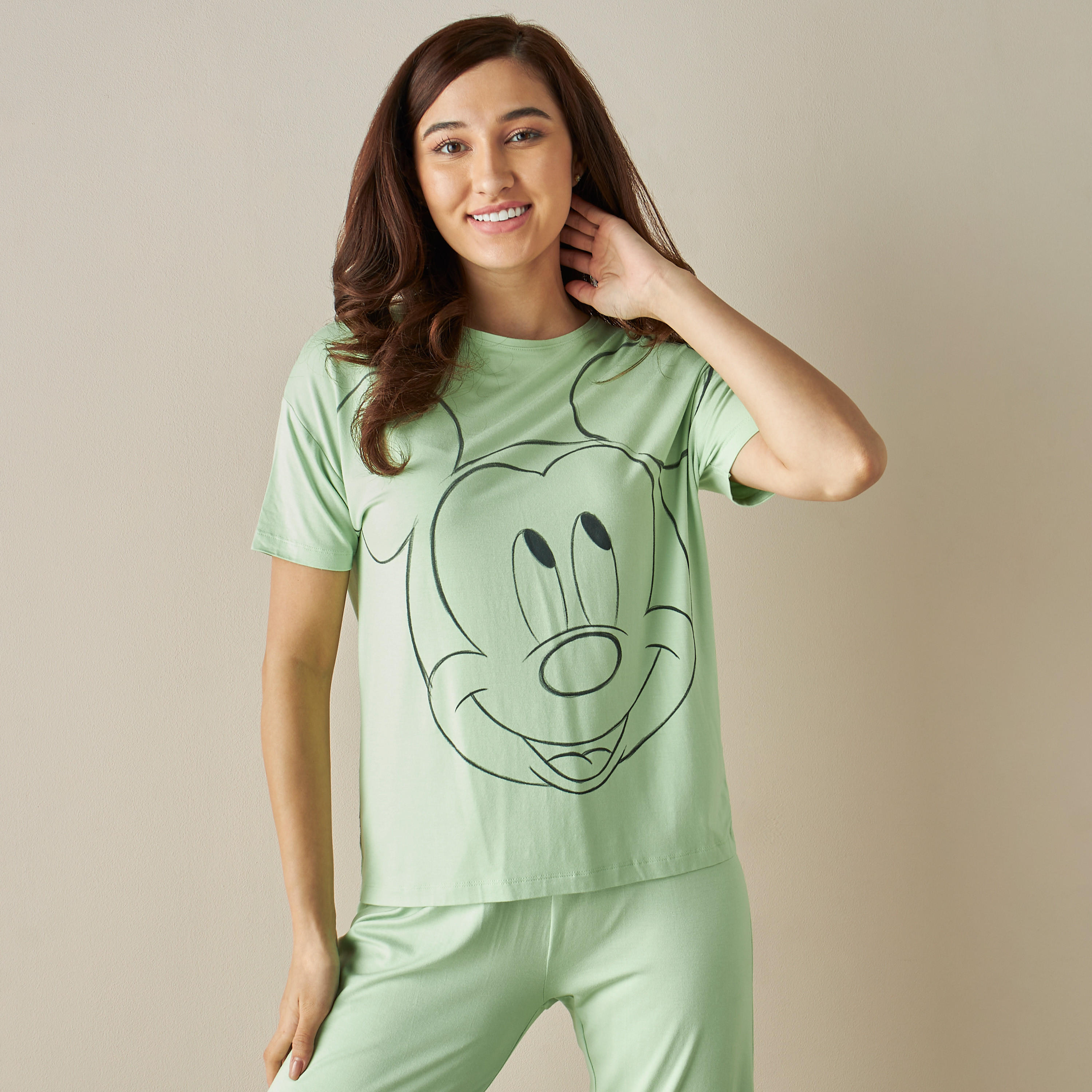 Mickey Mouse Print T-shirt and Pyjama Set-women-clothing-nightwear-pyjamas-longsets-image-3