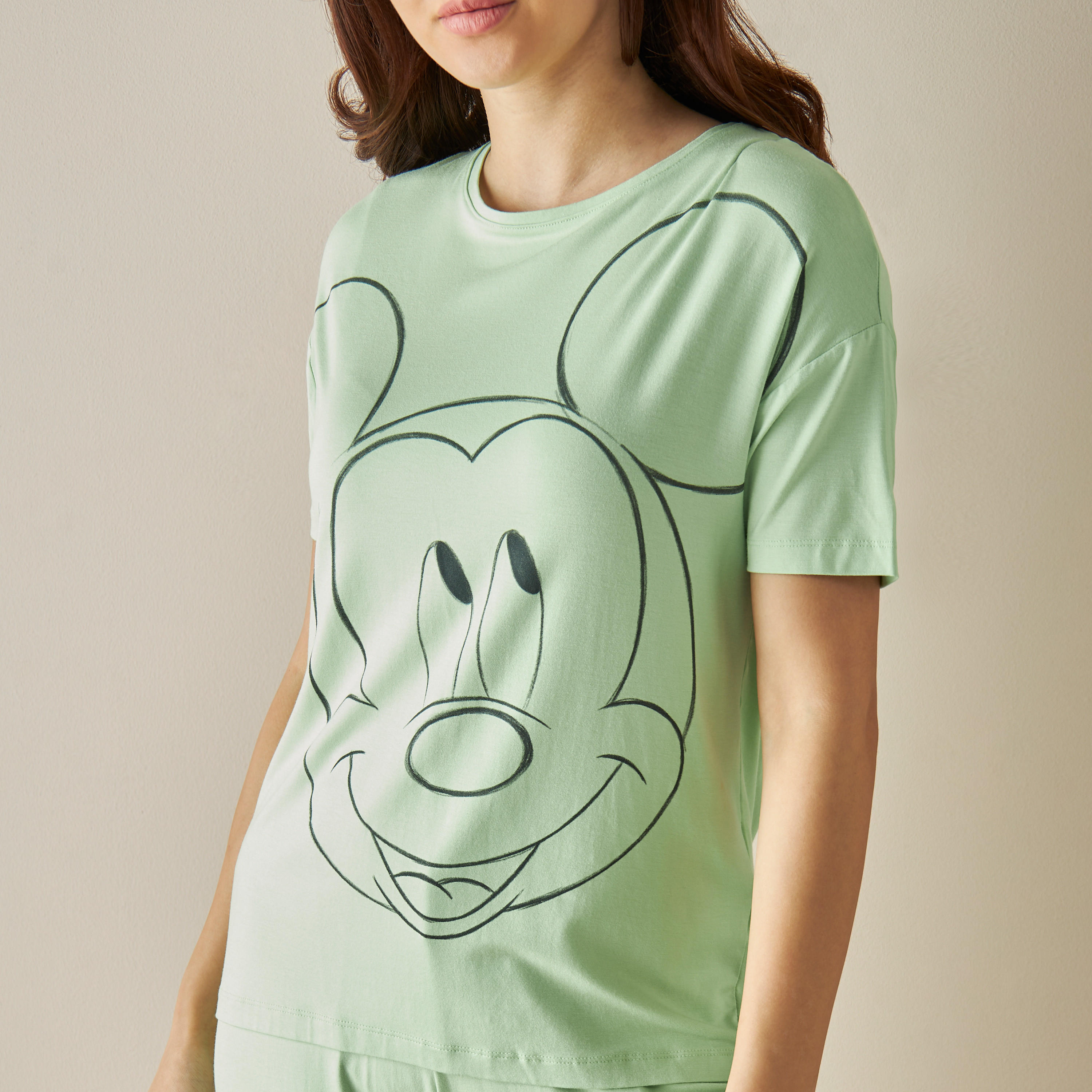Mickey Mouse Print T-shirt and Pyjama Set-women-clothing-nightwear-pyjamas-longsets-image-5