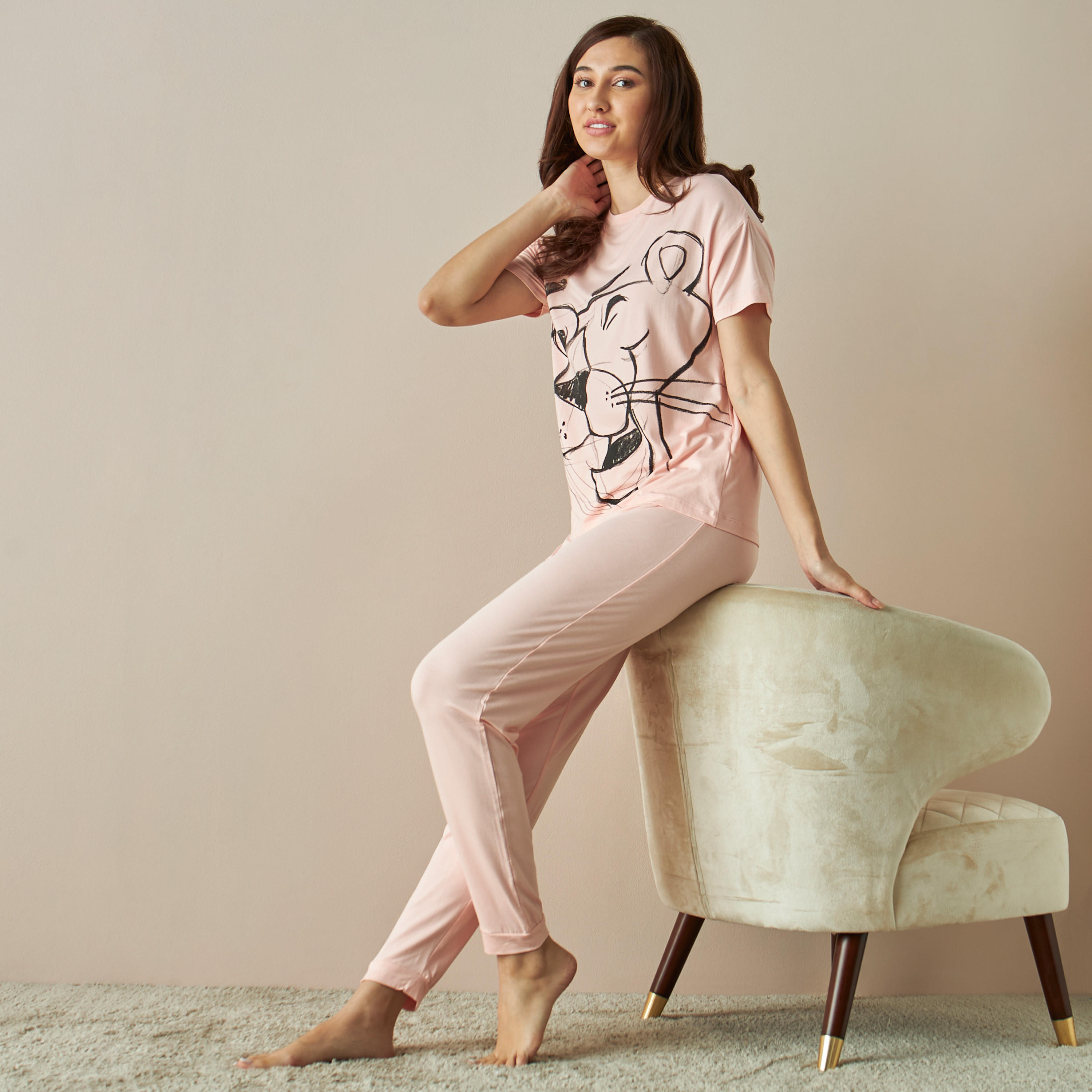 Pink Panther Print T-shirt and Pyjama Set-women-clothing-nightwear-pyjamas-longsets-image-1