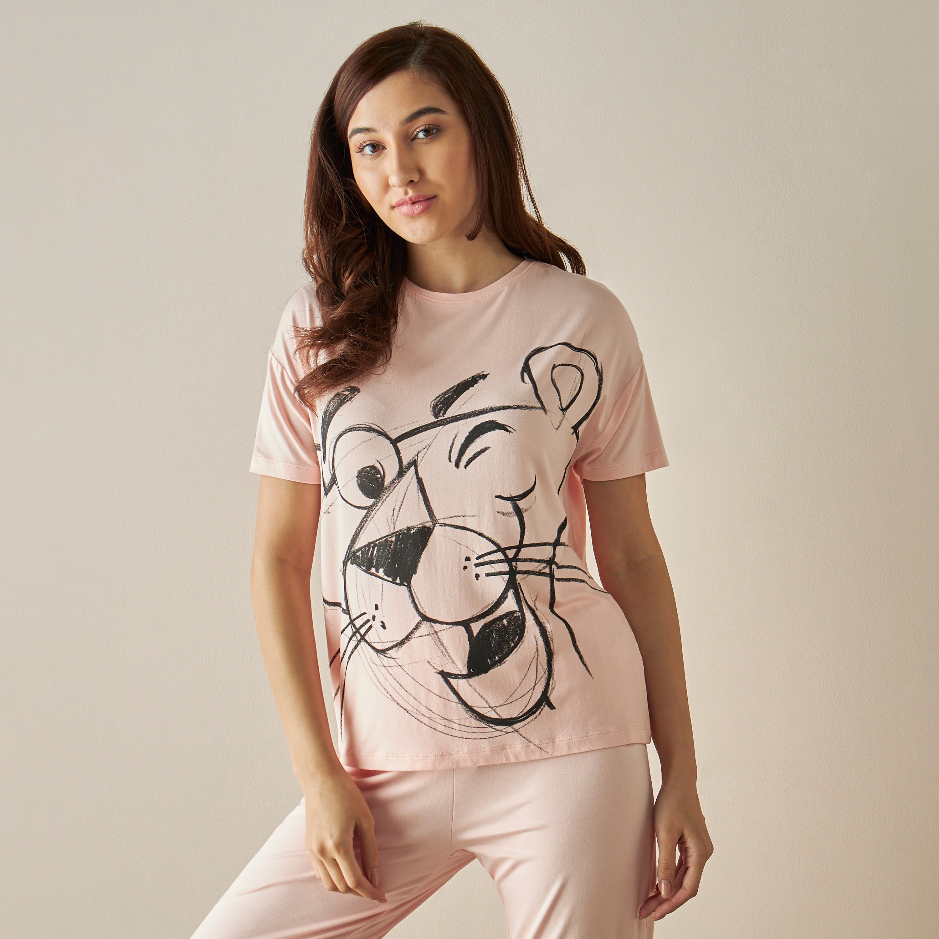 Pink Panther Print T-shirt and Pyjama Set-women-clothing-nightwear-pyjamas-longsets-image-3
