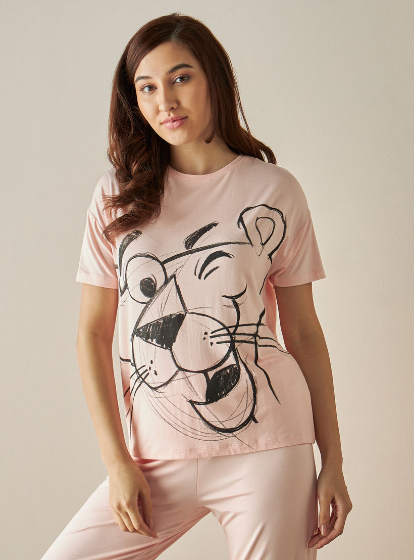 Pink Panther Print T-shirt and Pyjama Set-women-clothing-nightwear-pyjamas-longsets-image-3