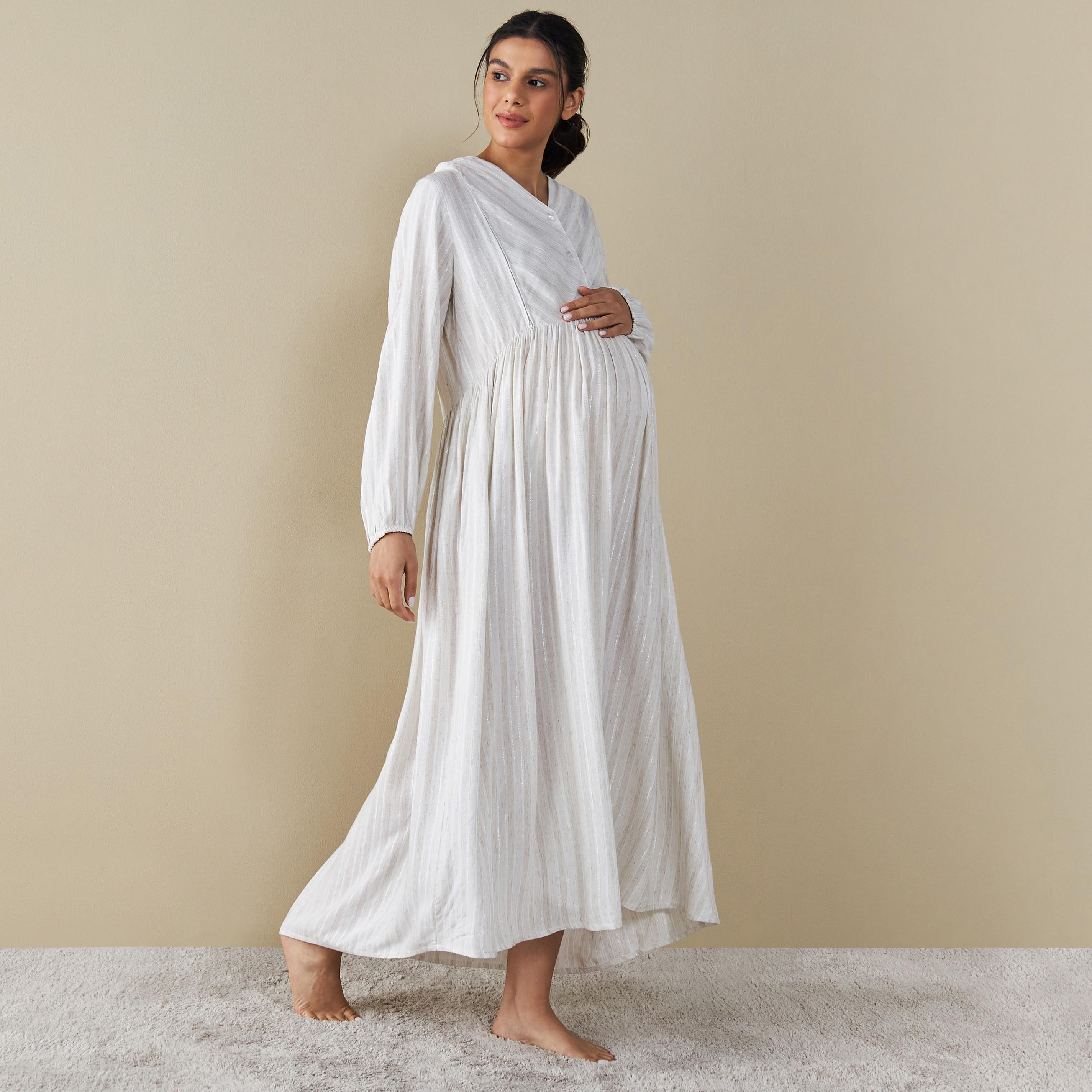 Striped Maternity Night Gown with Long Sleeves-women-clothing-nightwear-nighties-image-1