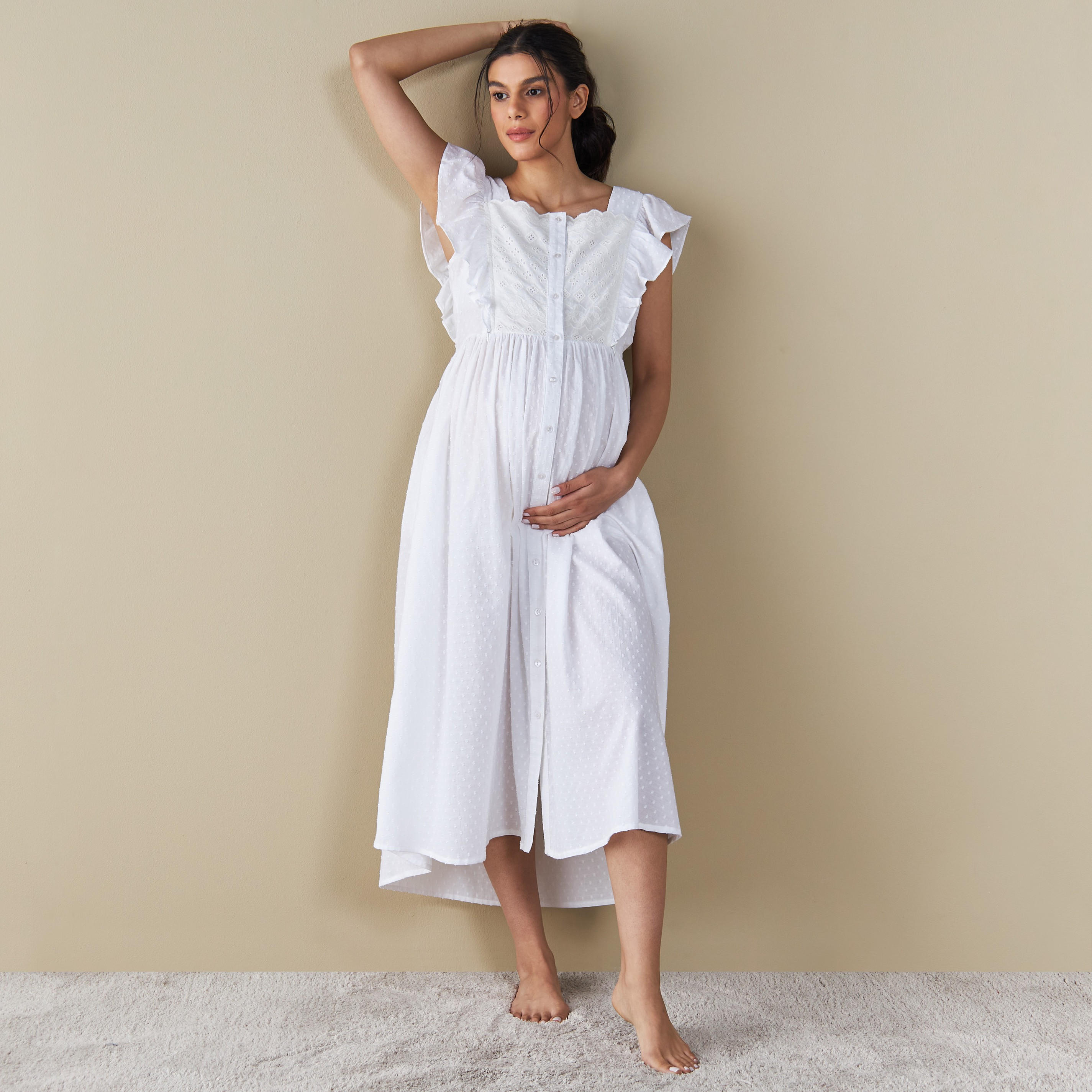 ثوب ليلي للحوامل بدون أكمام وبكشكش وبياقة مربعة-women-clothing-nightwear-nighties-image-1