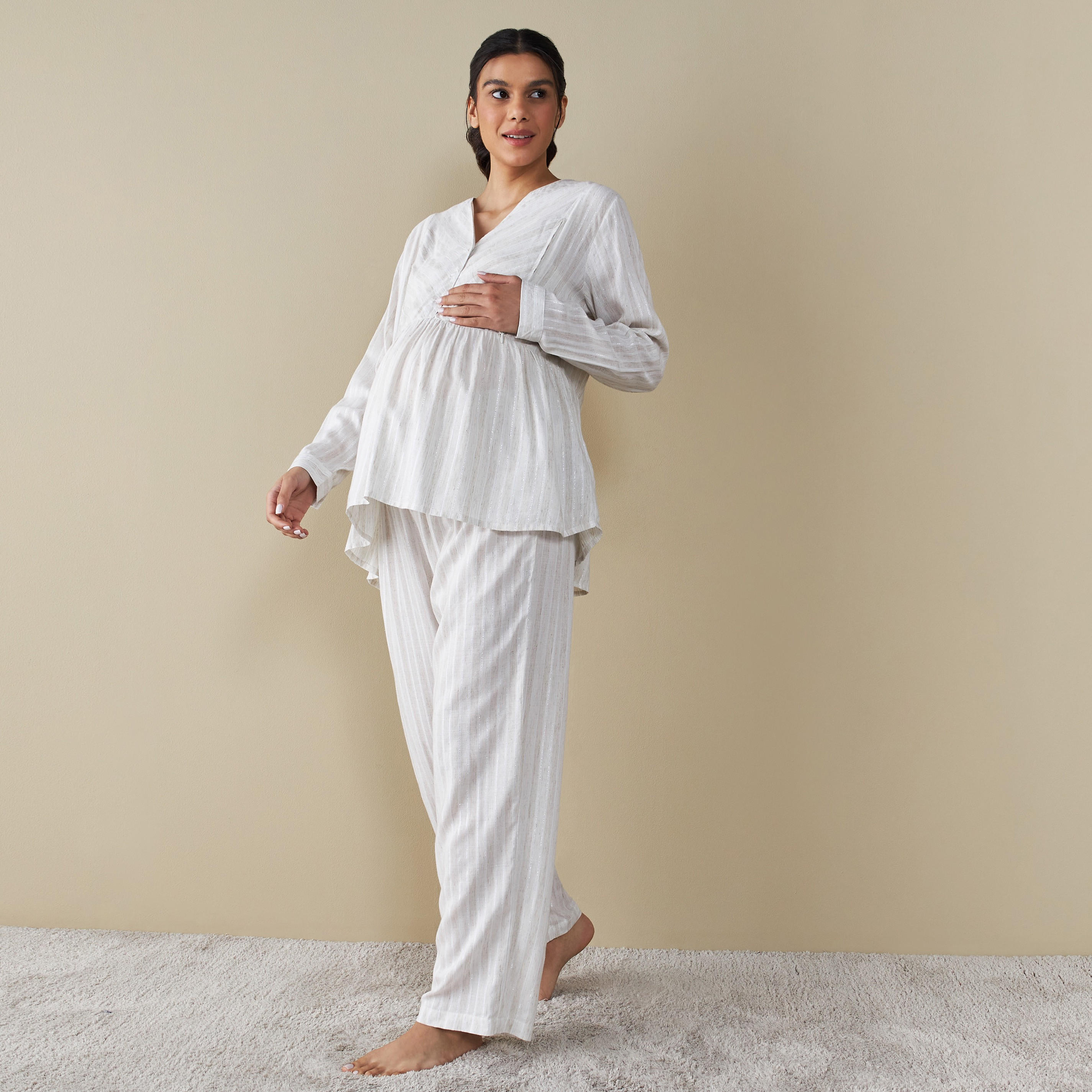 طقم بنطلون بيجاما وبلوزة بياقة v للحوامل-women-clothing-nightwear-pyjamas-longsets-image-1