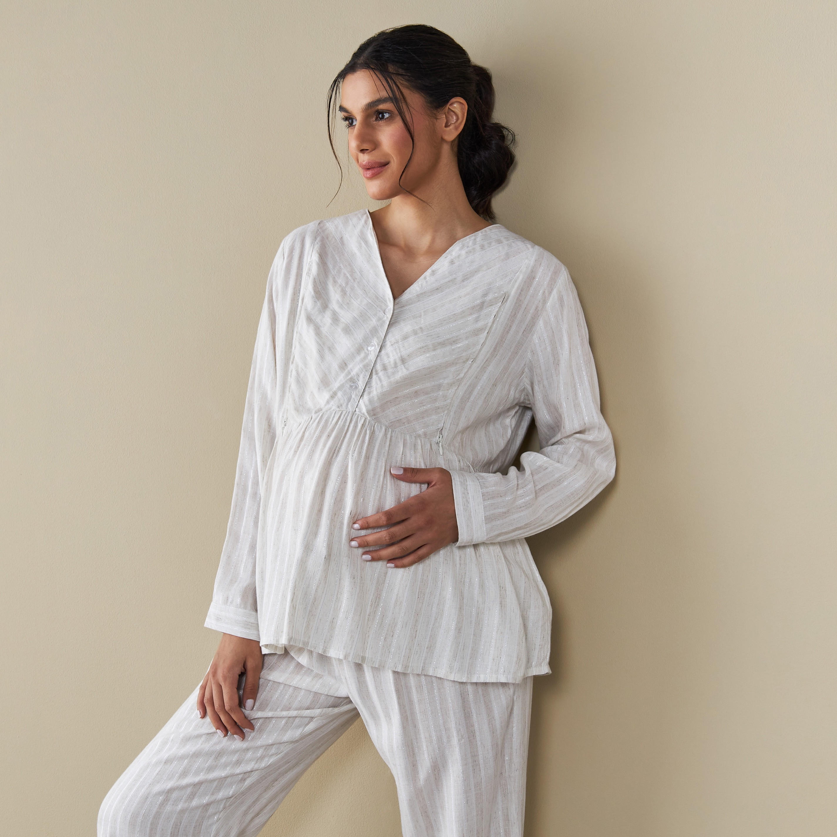 طقم بنطلون بيجاما وبلوزة بياقة v للحوامل-women-clothing-nightwear-pyjamas-longsets-image-3